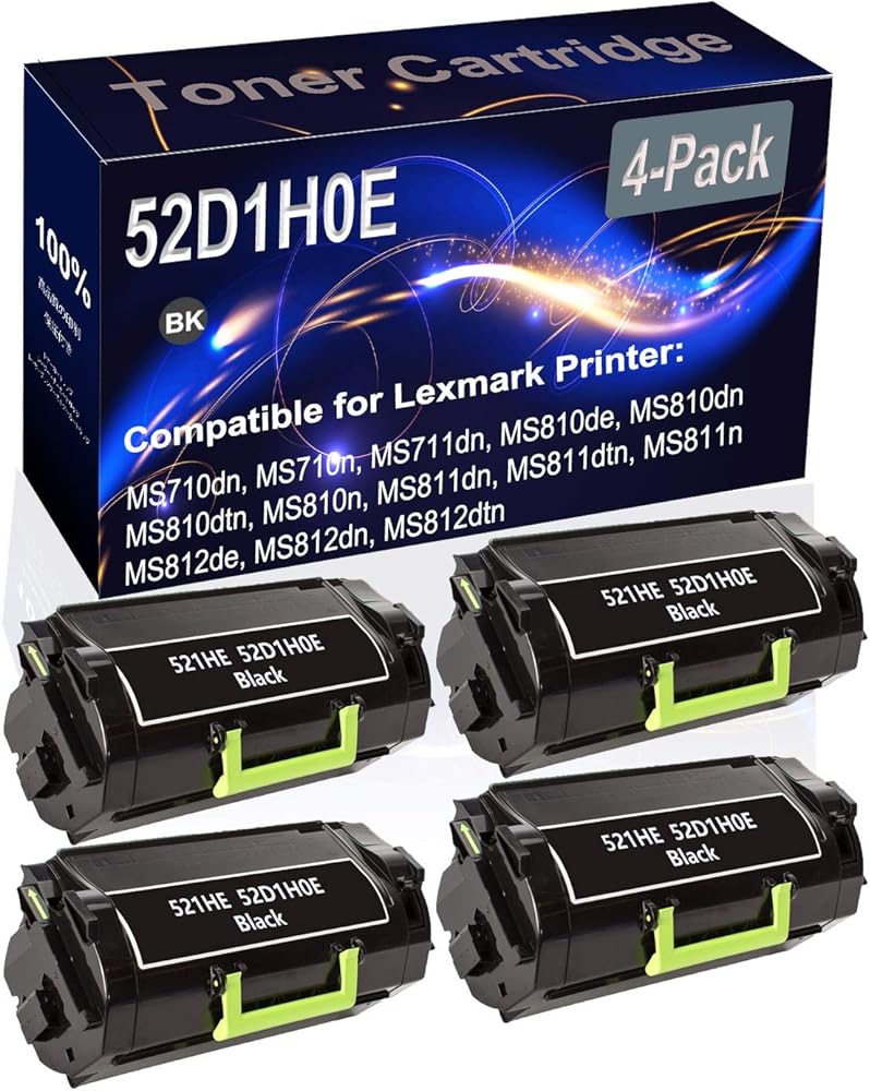 Kolasels 4-Pack (Black) Compatible High Yield 521HE 52D1H0E Printer Cartridge use for MS710dn MS710n MS711dn MS810de MS810dn MS810dtn Printer