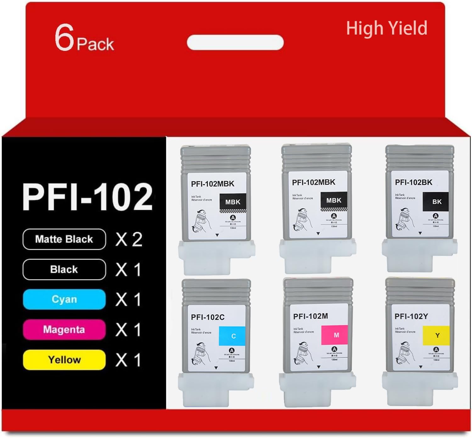 PFI-102 Compatible for Canon PFI-102MBK PFI-102BK PFI-102C PFI-102M PFI-102Y Ink Tank for Canon IPF500 IPF600 IPF605 IPF610 IPF650 IPF700 IPF710 IPF720 Printer 6-Pack 130ML