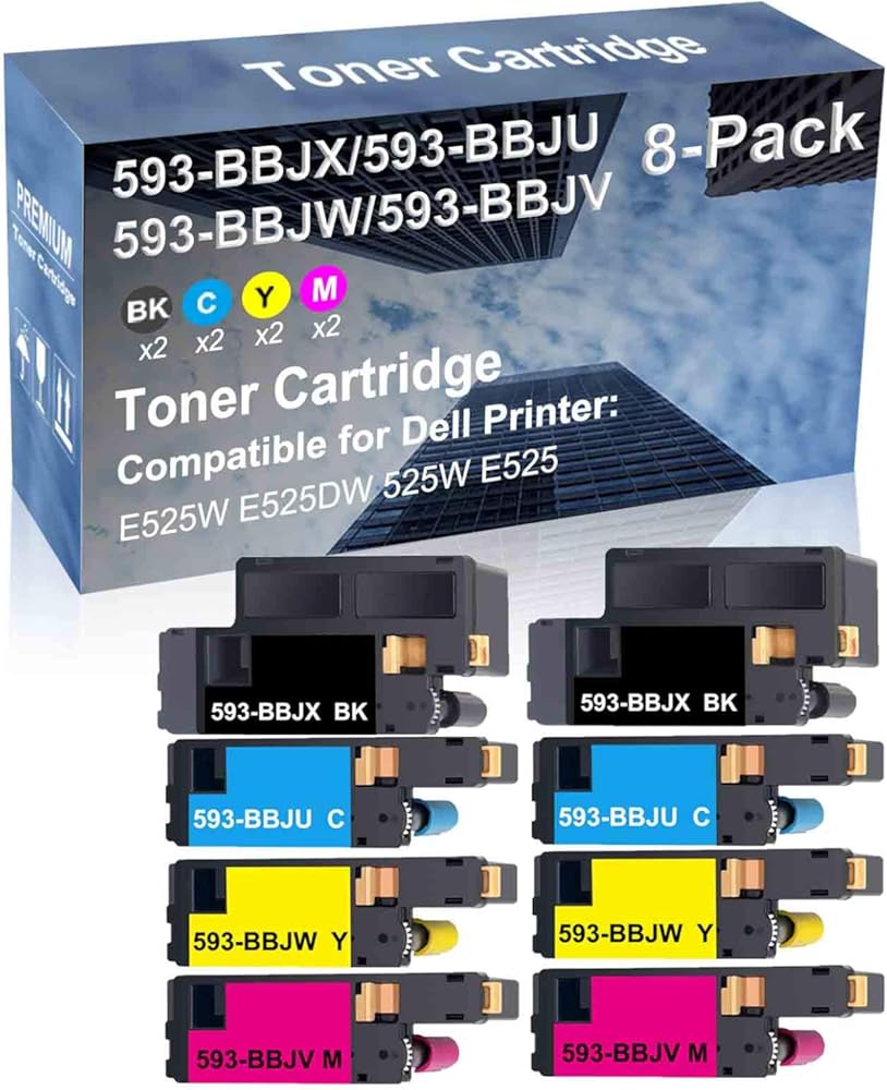 8-Pack (2BK+2C+2Y+2M) Compatible High Yield 593-BBJX+ 593-BBJU+ 593-BBJW+ 593-BBJV Laser Printer Toner Cartridge Used for Dell E525W E525DW 525W E525 Printer