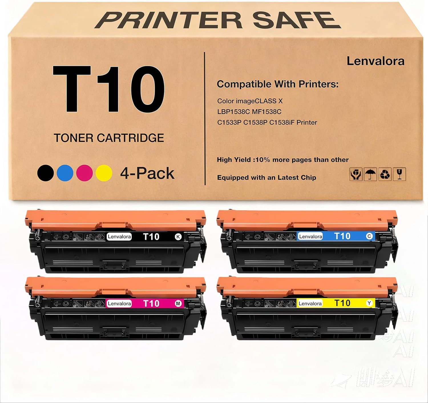 lenvalora T10 High Yield Toner Cartridges Replacement for Canon T10 T10L Toner Work for Color imageCLASS X LBP1538C MF1538C C1533P C1538P C1538iF Printers (4-Pack, BK/C/M/Y)