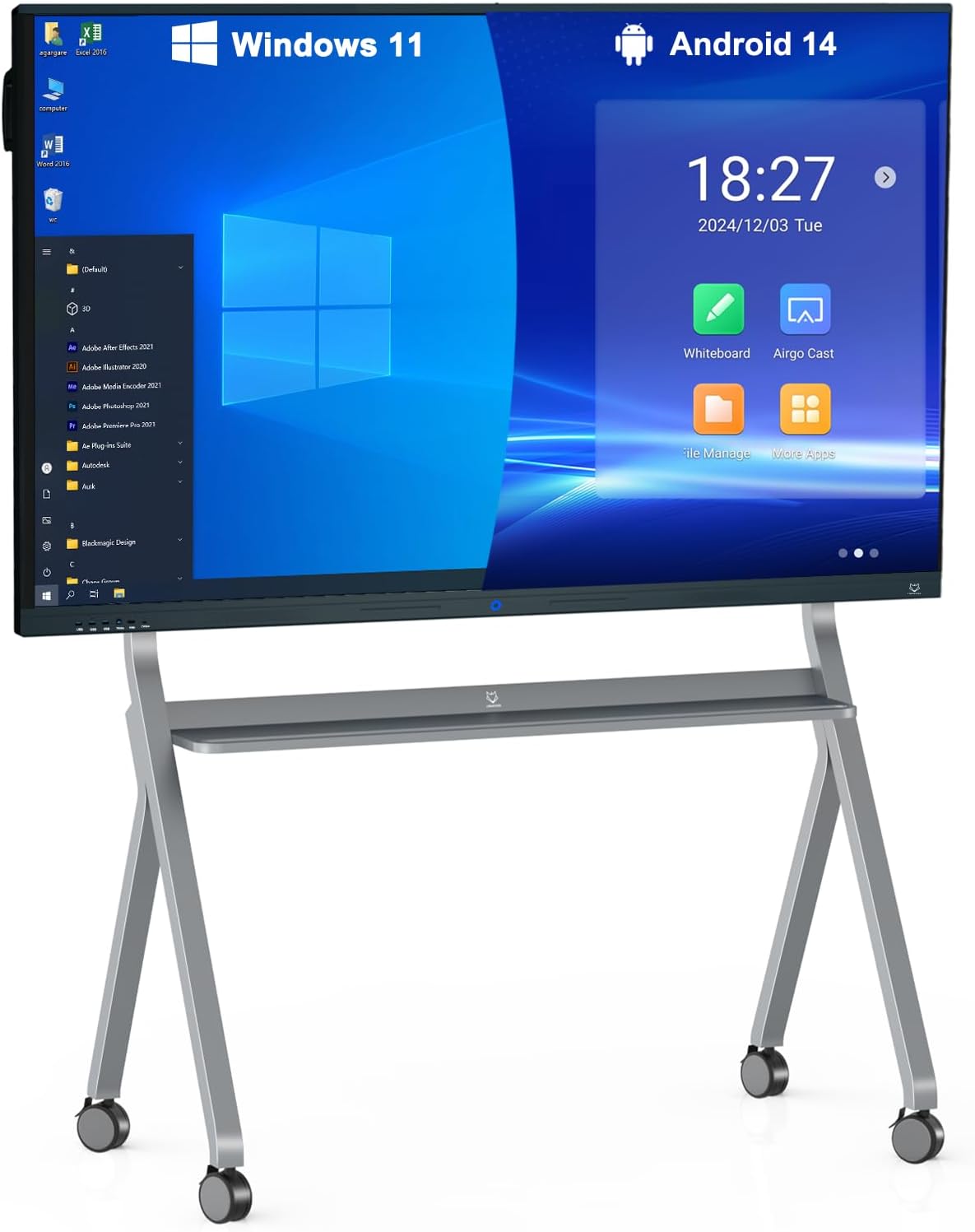 LINGHUFOX 75'' Interactive Whiteboard, 4K Touchscreen Smart Whiteboard with Built-in Dual System Windows 11 Pro & Android 14.0, Smart Board for Classroom and Business(Board+Wall Mount+Movable Stand)