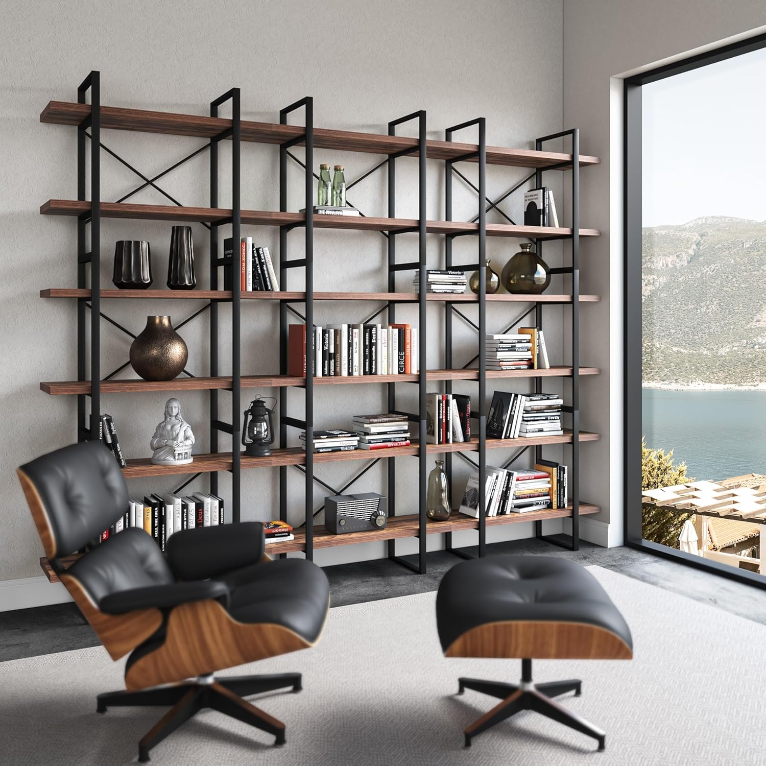 Antique Walnut Color 6 Tiers Display and Storage Room Divider Bookcase Inches Black Brown Industrial Modern Contemporary MDF Metal Finish Includes Hardware