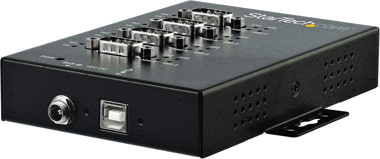 StarTech.com 4 Port Serial Hub USB to RS232/RS485/RS422 Adapter - Industrial USB 2.0 to DB9 Serial Converter Hub - IP30 Rated - Din Rail Mountable Metal Serial Hub - 15kV ESD Protection, TAA