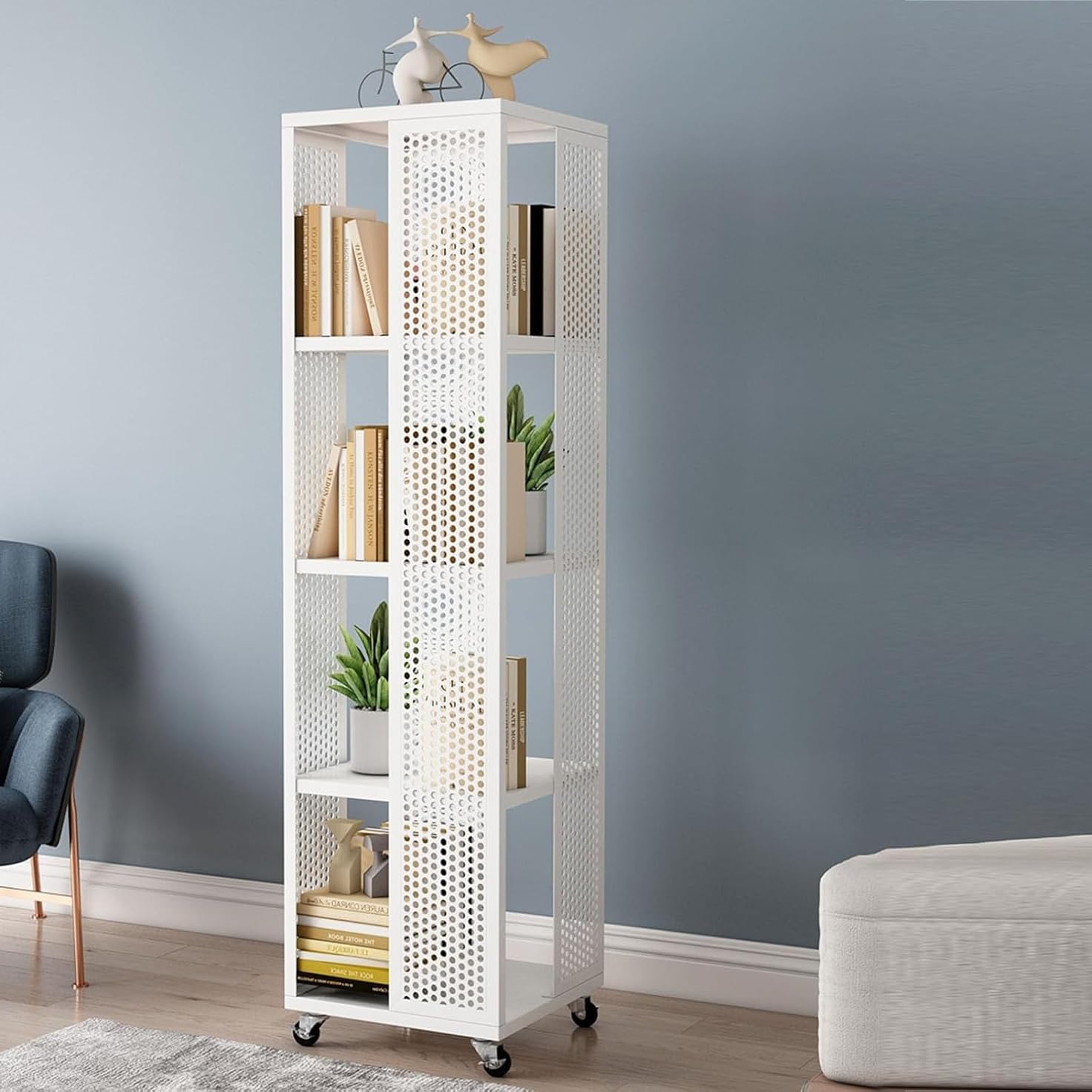 BKEKM Standing Bookcase 2-tier/3-tier/4-tier Bookshelves with Casters 360° Rotating Bookshelf Metal Floor Standing Book Shelf