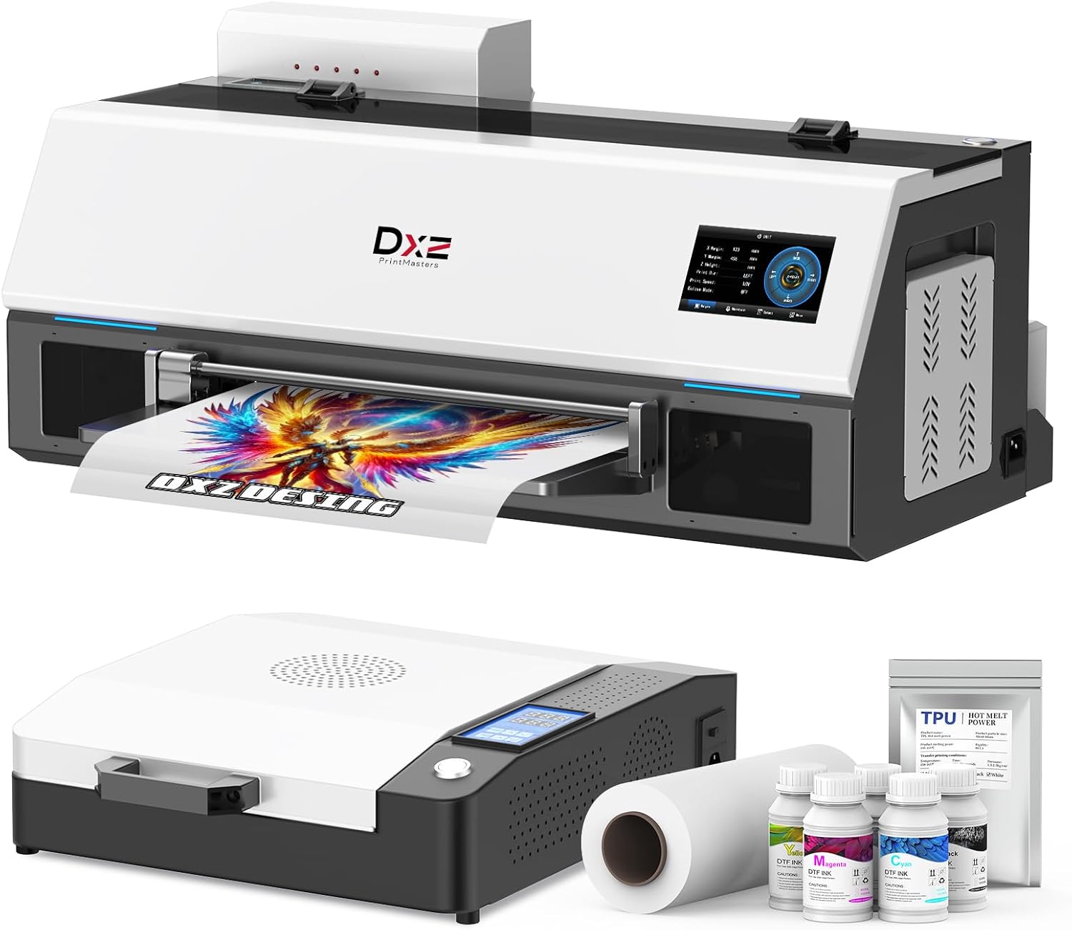 DXZ A3 Plus XP600 DTF Printer 2X Speed vs L1800/L805, LED Touch Screen, AutoClean,Dual White Ink System, Precision Cutter, 2880DPI for Fabrics, 2-Year Ink Included (Printer+Oven)