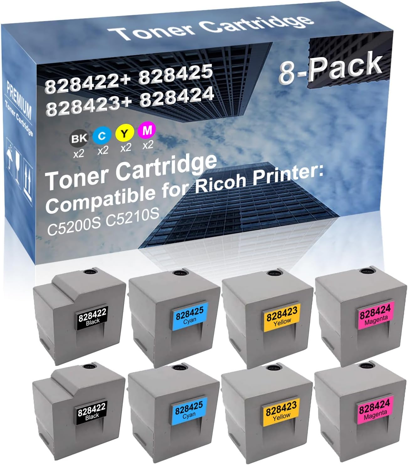 8-Pack (2BK+2C+2Y+2M) Compatible PRO C5200S C5210S Printer Toner Cartridge High Capacity Replacement for Ricoh 828422+ 828425+ 828423+ 828424 Toner Cartridge