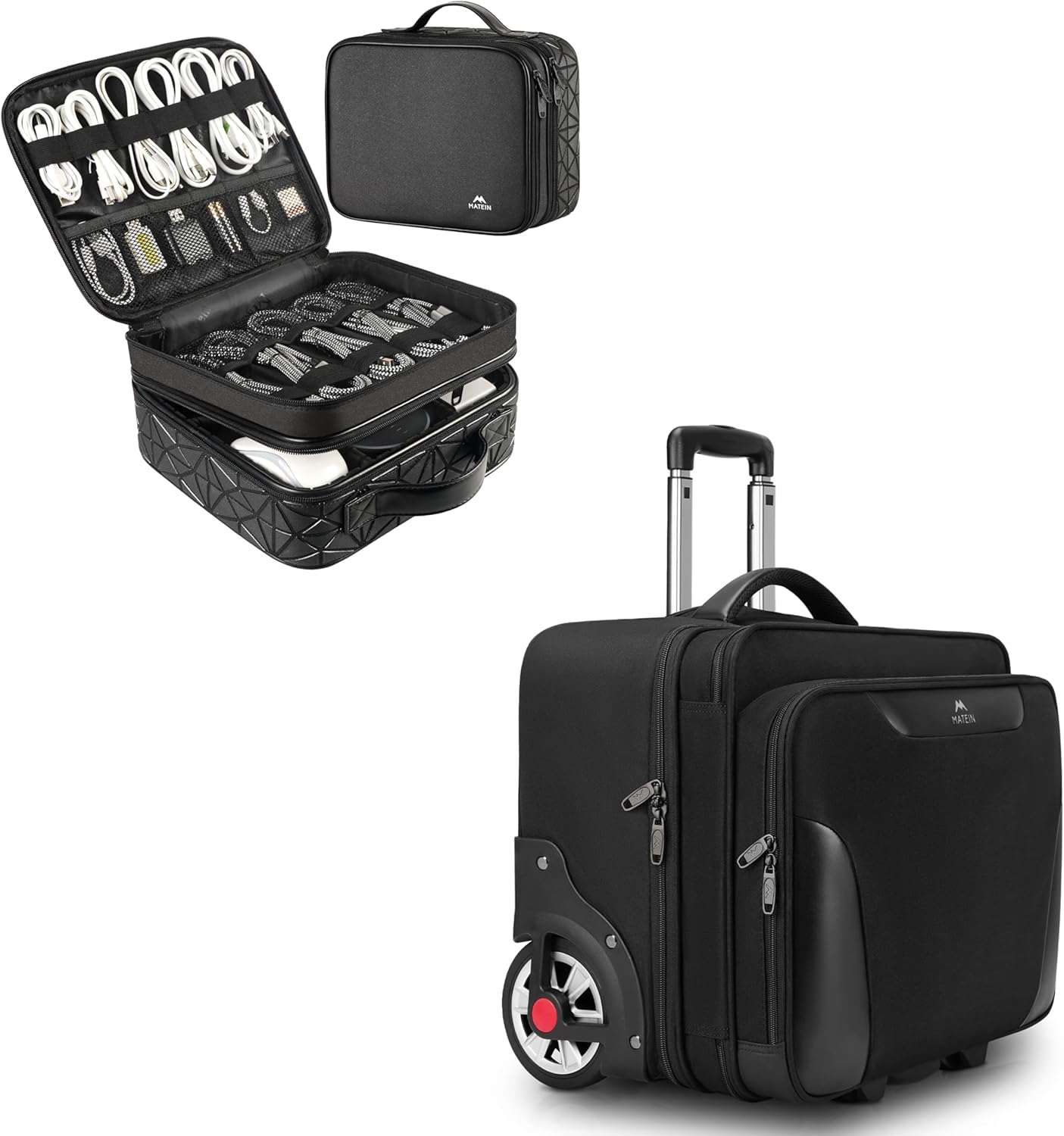 MATEIN Cord Organizer Bag, Large Electronics Organizer Travel Case Cable Storage for Electronic Accessories, Rolling Laptop Bag, Mens Large Briefcase with Big Wheels Fits 17.3 Inch Notebook for Busine