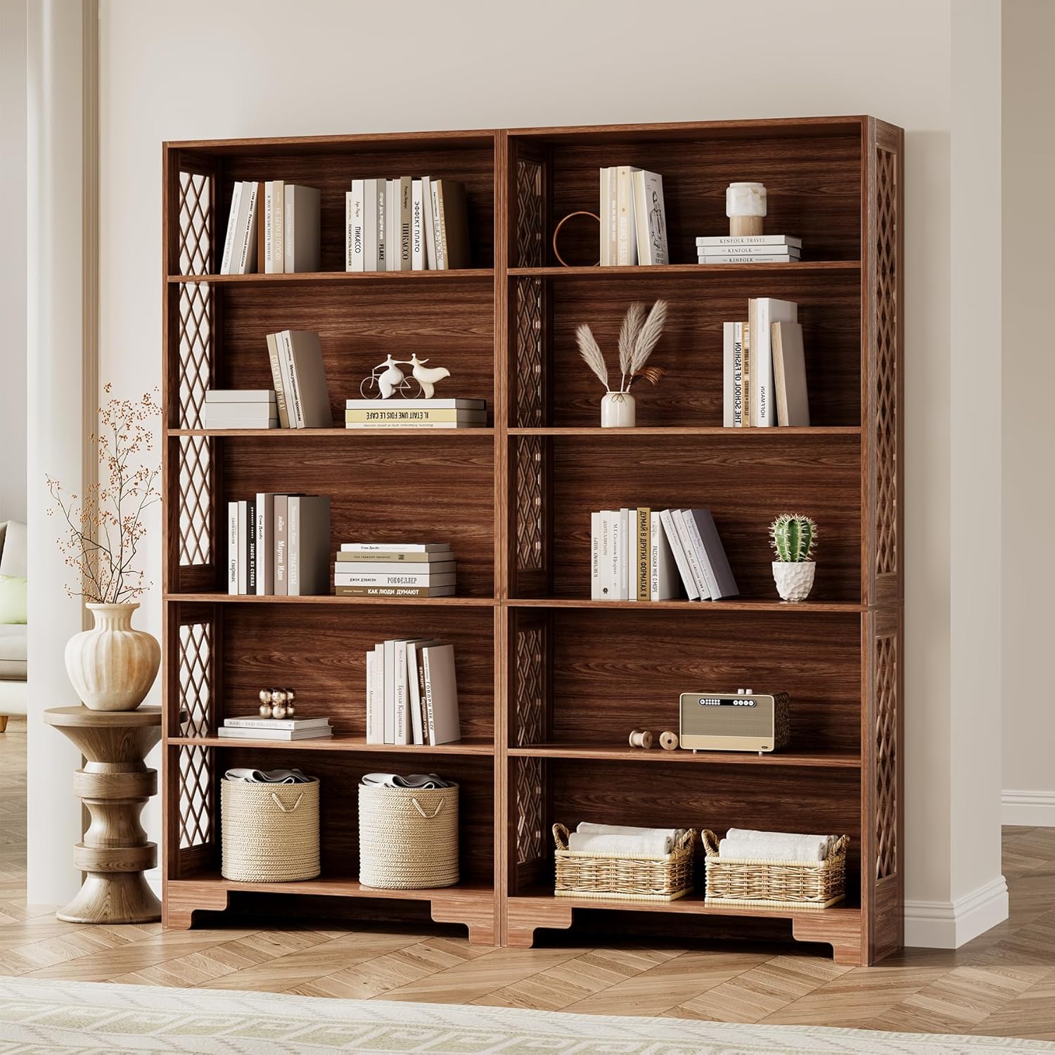 1Easylife 5-Tier Bookshelf Set 2, 70.8-in Tall Bookcase with Closed Back, Vintage Brown Wooden Display Bookshelves and Bookcases, Freestanding Big Bookshelf for Bedroom, Living Room, Office