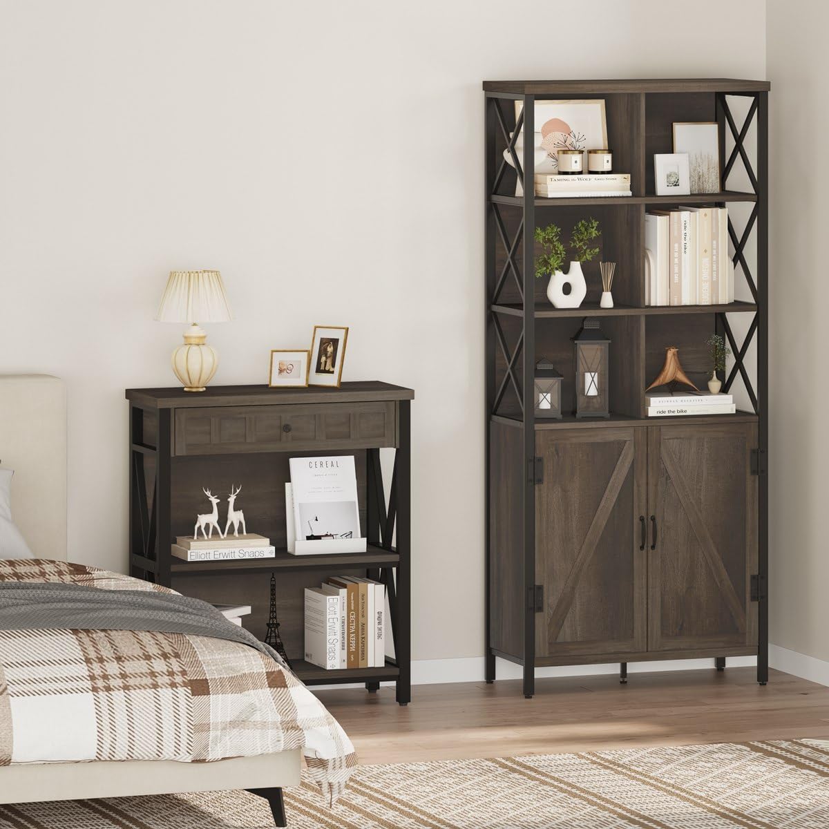 FATORRI Rustic Bookcase with Doors and Small Bookshelf with Drawer (Walnut Brown)