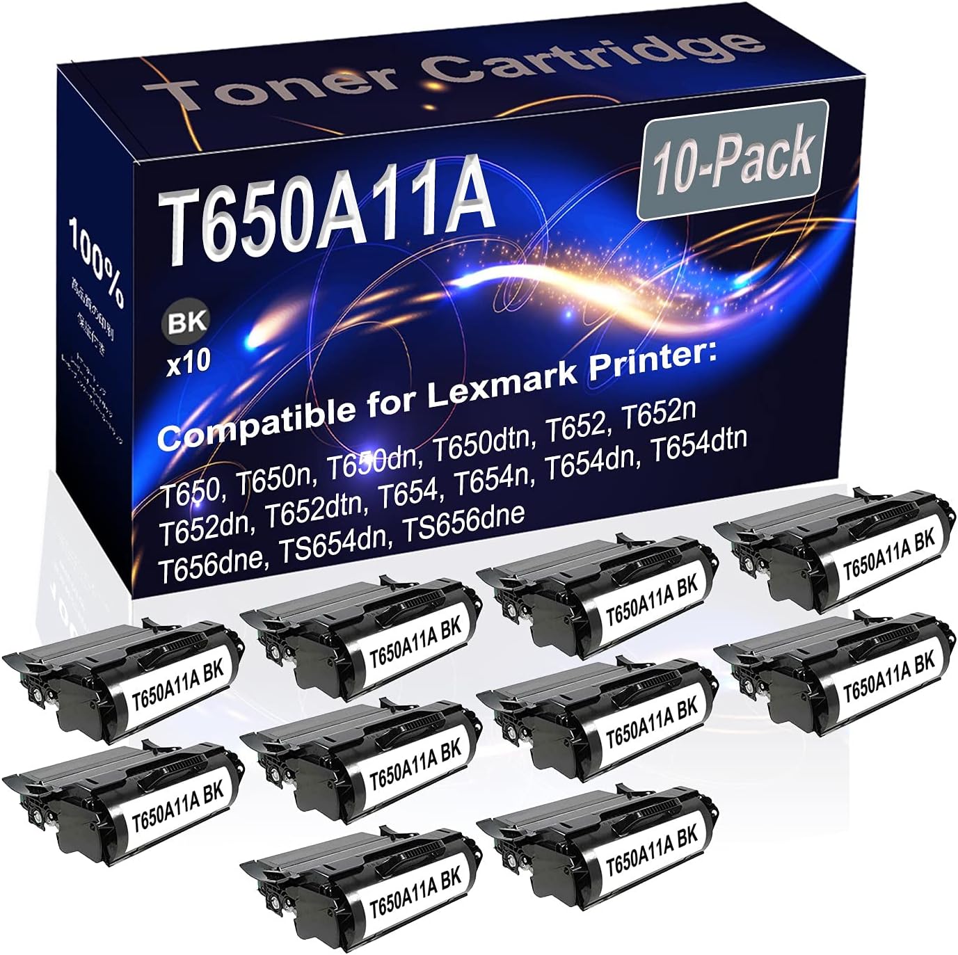 Kolasels 10-Pack (Black) Compatible High Yield T650A11A Printer Cartridge use for T650 T650n T650dn T650dtn T652 T652n Printer