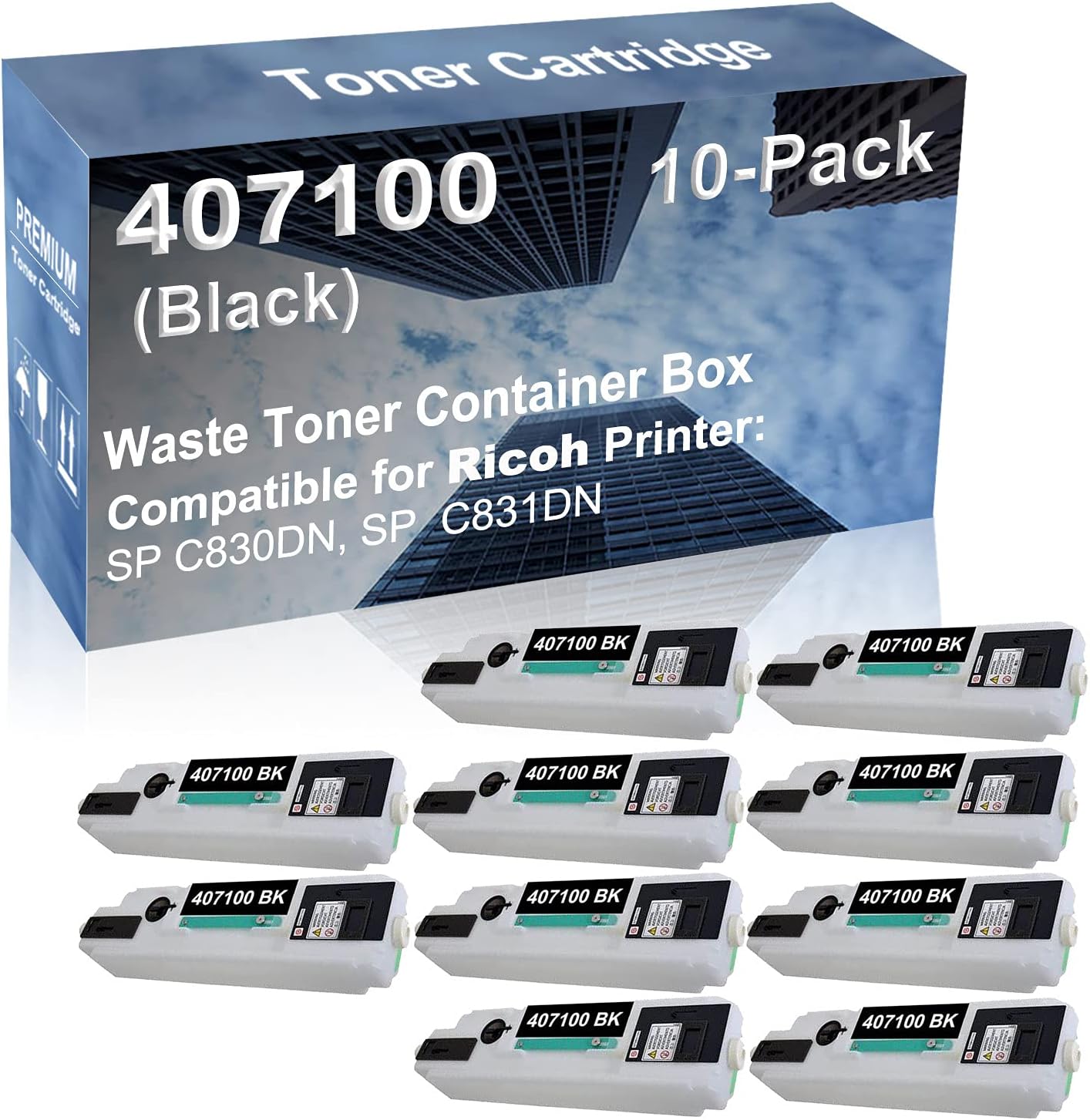 10-Pack Compatible High Capacity 407100 Printer Waste Toner Container Box use for Ricoh SP C830DN, SP C831DN (Black)