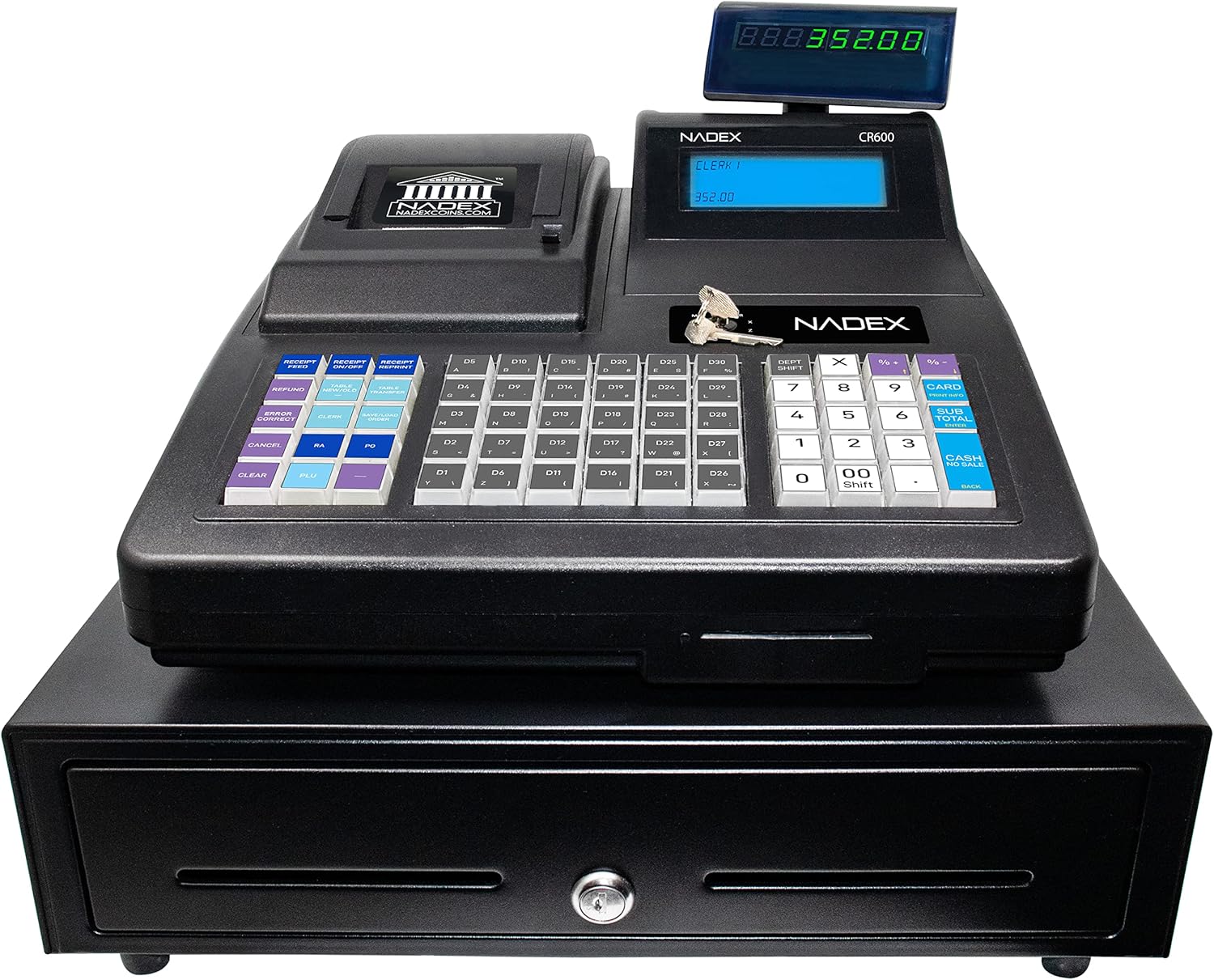 Nadex CR600 Cash Register, 9500 PLU Lookups 60 Dept 50 Clerks, 5 Bill 8 Coin Compartments 2 Check Slots Heavy Duty Steel Cash and Coin Drawer, Two Displays, Multiport