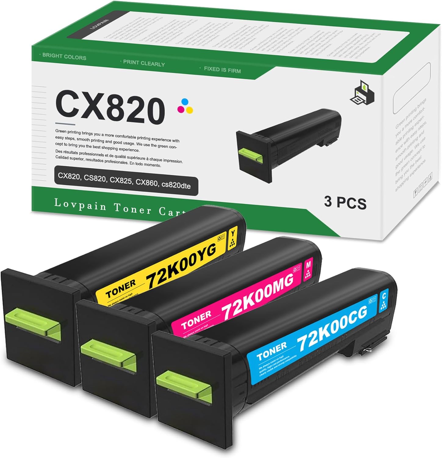 CX820 Color Toner Cartridge Set(3Pack, 1C/1M /1Y) - Compatible 72K00CG 72K00MG 72K00YG High Yield Toner Cartridges Replacement for Lexmark cx820dtfe cs820dte CS820 CX820 CX825 CX860 Printer