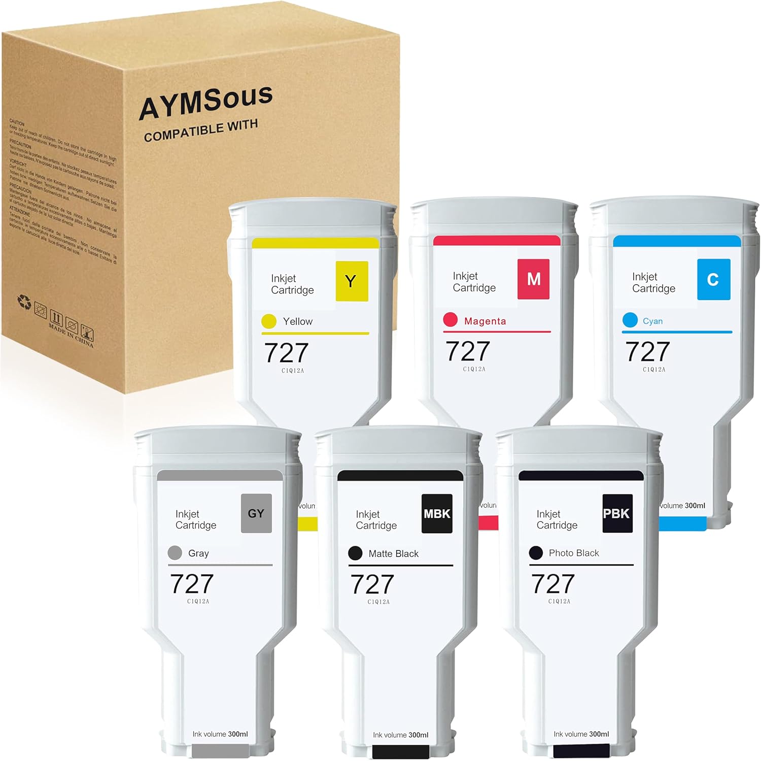 AYMSous 6-Pack Compatible for HP 727 Ink Cartridge Replacement for HP 727 C1Q12A F9J79A F9J76A F9J77A F9J78A F9J80A for HP DesignJet T920 T930 T1500 T1530 T2500 T2530 Printers（MBK, PBK, C, M, Y, GY