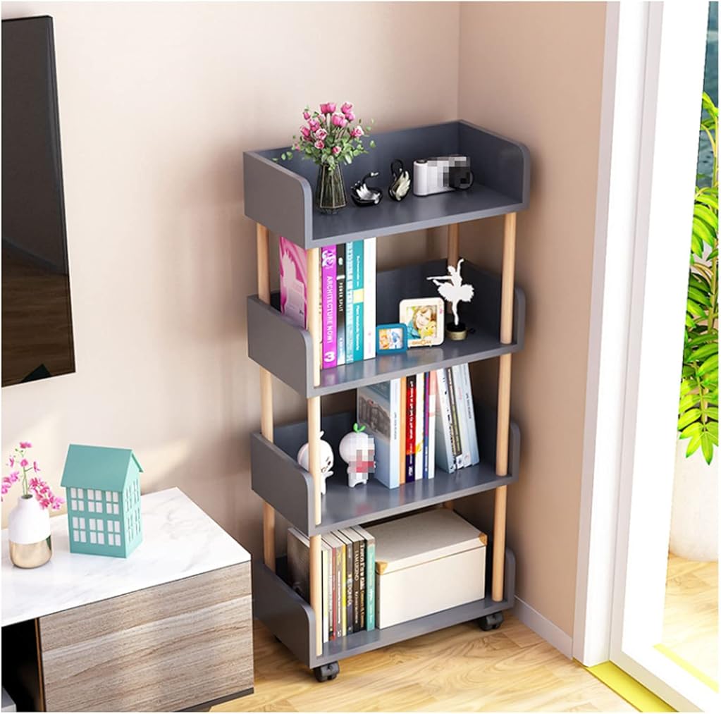 SYALEO 4 Tier Modern Open Bookshelf W/Universal Wheels Wooden Display Stand Free Standing Book Storage Rack Multifunctional Bookcase for Home