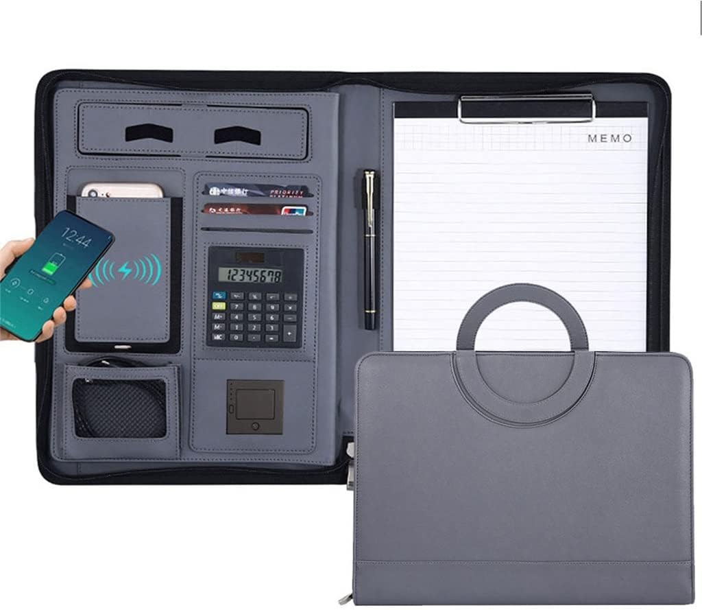 BCCCLLLSA A4 Leather Folder Charging Portfolio Zipper Binder Business Padfolio Organizer Calculator 10000mah (Color : D) (Gray)