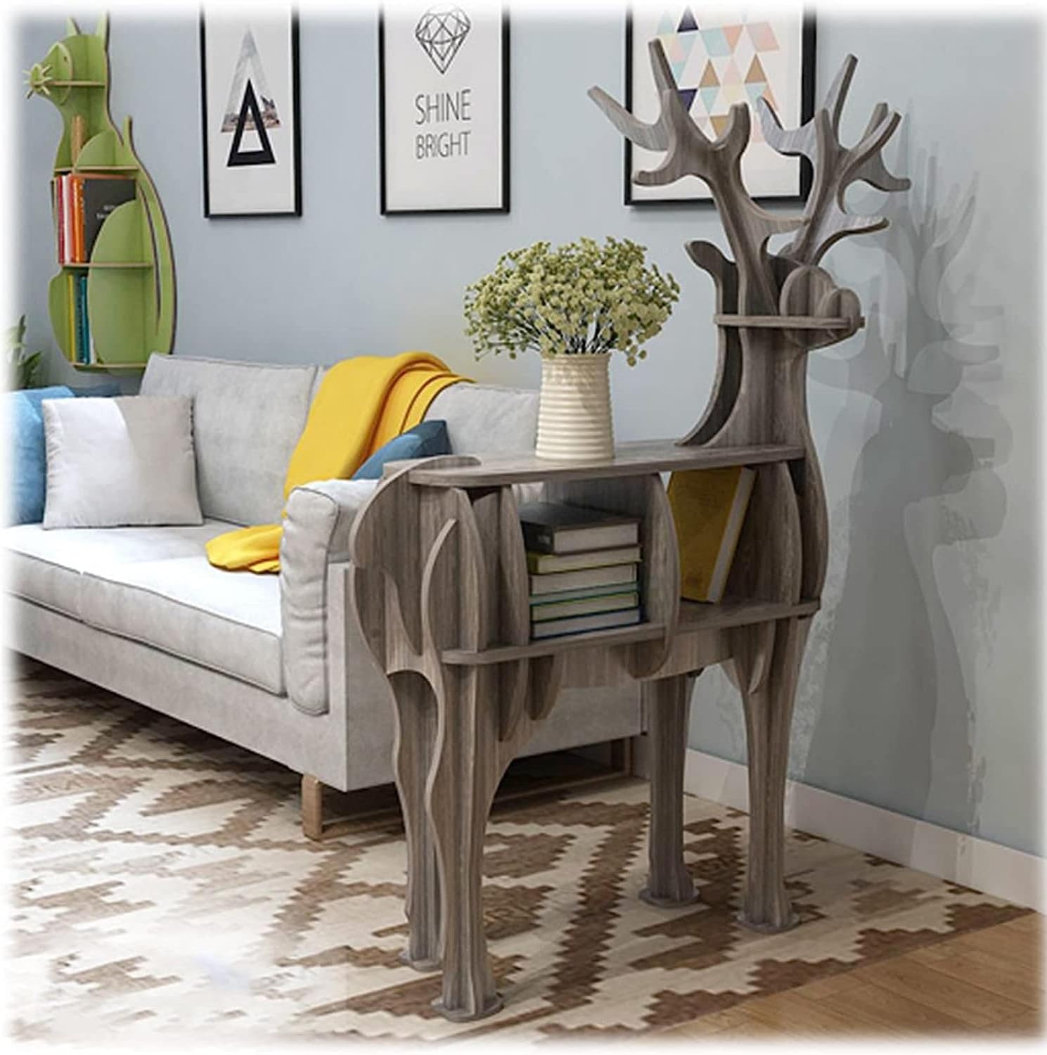 PAASHE Wooden Bookshelf Creative Animal Reindeer Shape Bookcase Open Kids Bookshelves Home Decor Floor Stand Rack Bookcase