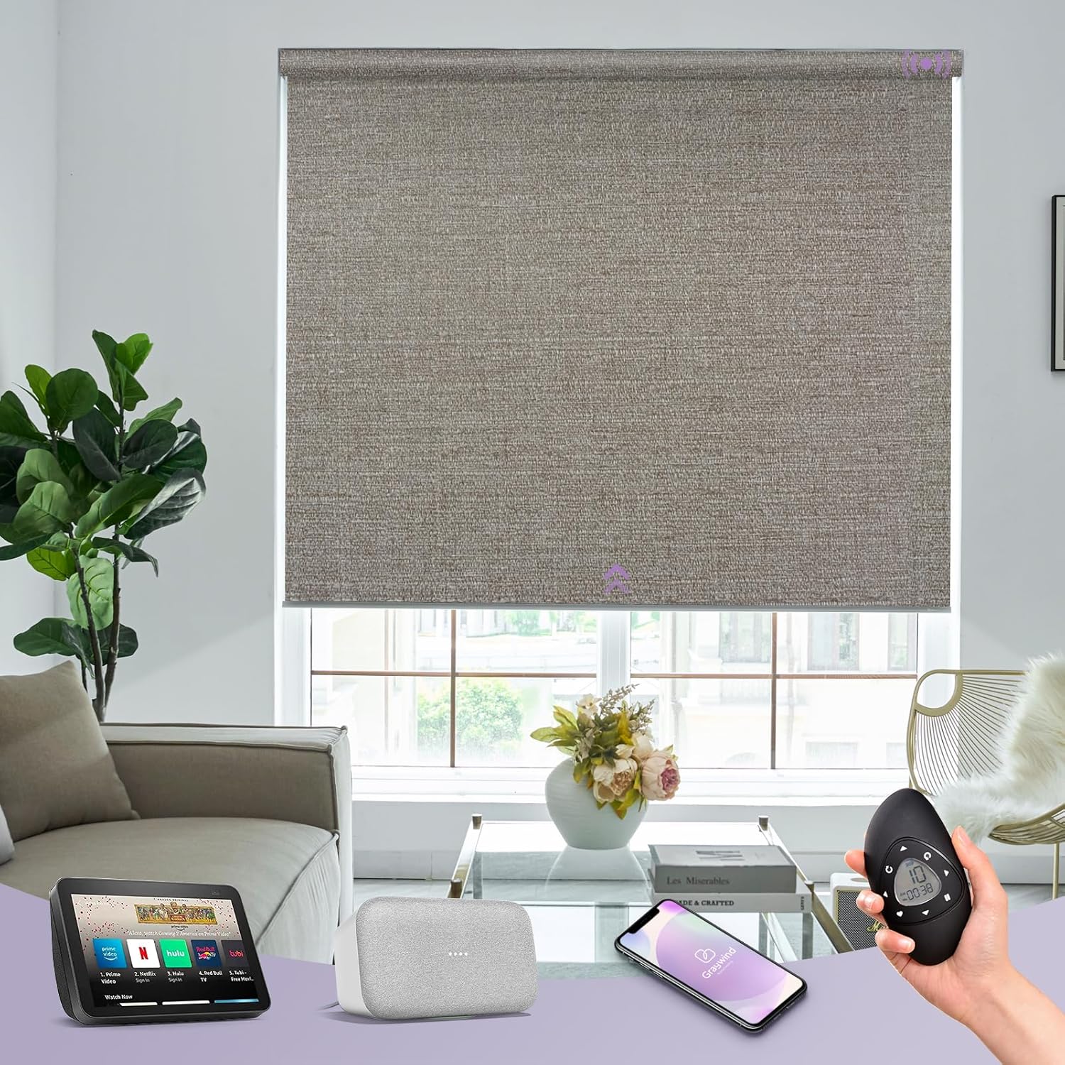 Graywind Motorized 100% Blackout Roller Shades Compatible with Alexa Google via Hub Window Blinds Remote Control Rechargeable Battery Motor with Valance for Smart Home and Office (Grey Brown)