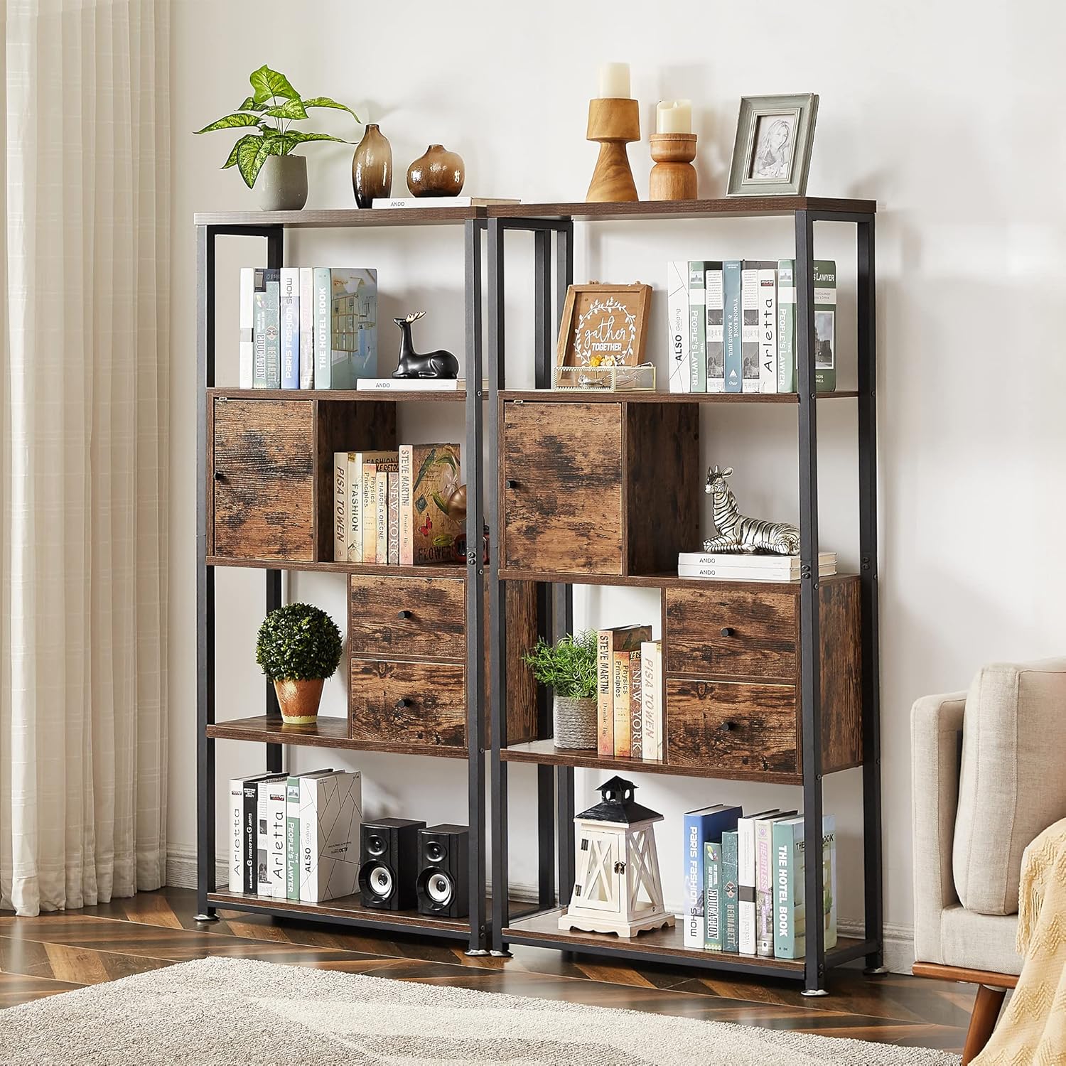 VECELO 4-Tier Bookcase, Industrial Bookshelf with Doors and Drawers, Retro Storage Cabinet Rack for Books, Photos, Decorations, in Living Room,Bedroom, Home Office, Vintage Brown