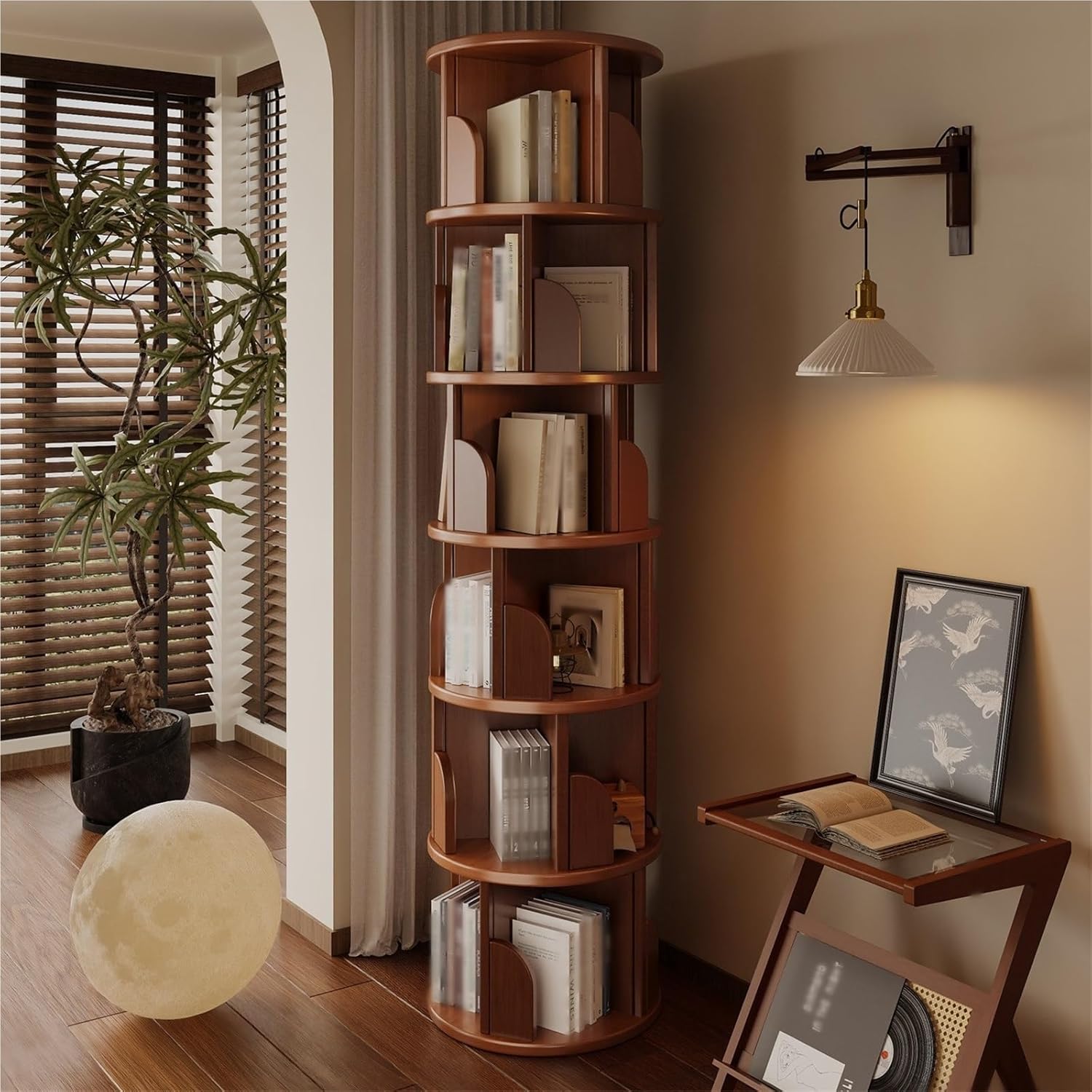 MUCJLHYY 360° Rotating Corner Bookshelf, Wooden Revolving Storage Tower for Small Spaces, Narrow Floor Standing Bookcase for Bedroom & Office(188cm/74in)