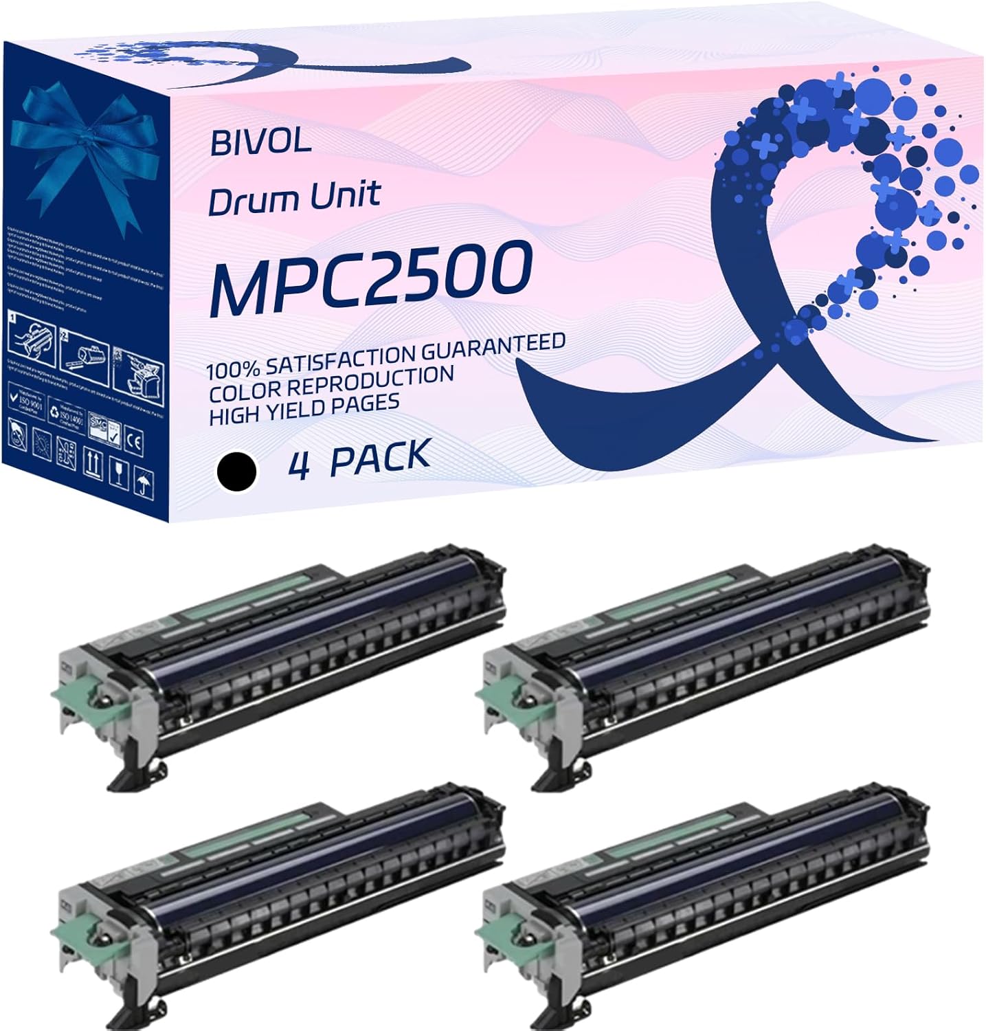 BIVOL MPC2500 Drum Unit Compatible for Ricoh Aficio MP C3000 MP C3500 MP C4500 Printers, with Chip, High Yield 400000 Pages, Vivid Colors (4 Pack Black)
