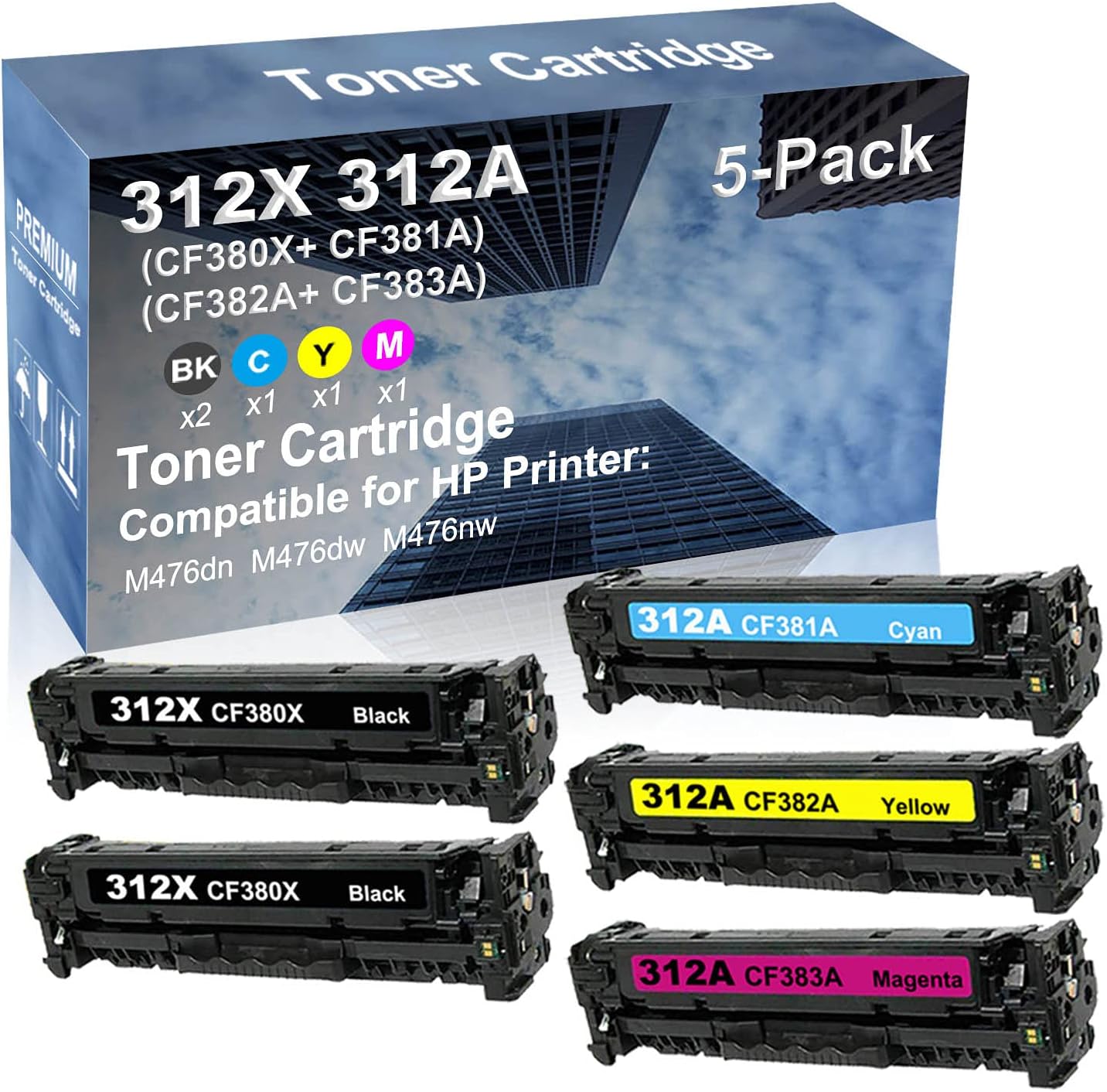 5-Pack (2BK+C+Y+M) Compatible High Yield 312X 312A (CF380X+ CF381A+ CF382A+ CF383A) Laser Printer Toner Cartridge use for M476nw Printer
