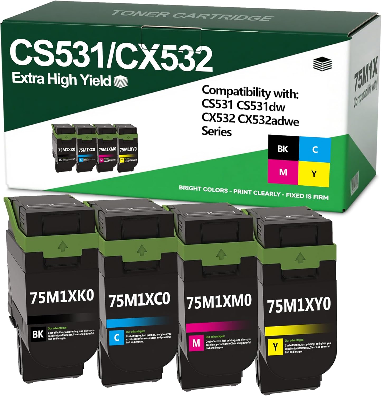 75M1XK0 75M1XC0 75M1XM0 75M1XY0 Hgih Yield Toner Cartridge 75,500 Pages Replacement for Lexmark CS531 Toner Cartridge Works with CS531 CS531dn CX532 CS531dtn CS531dw Printers(4Pack,BK/C/M/Y)