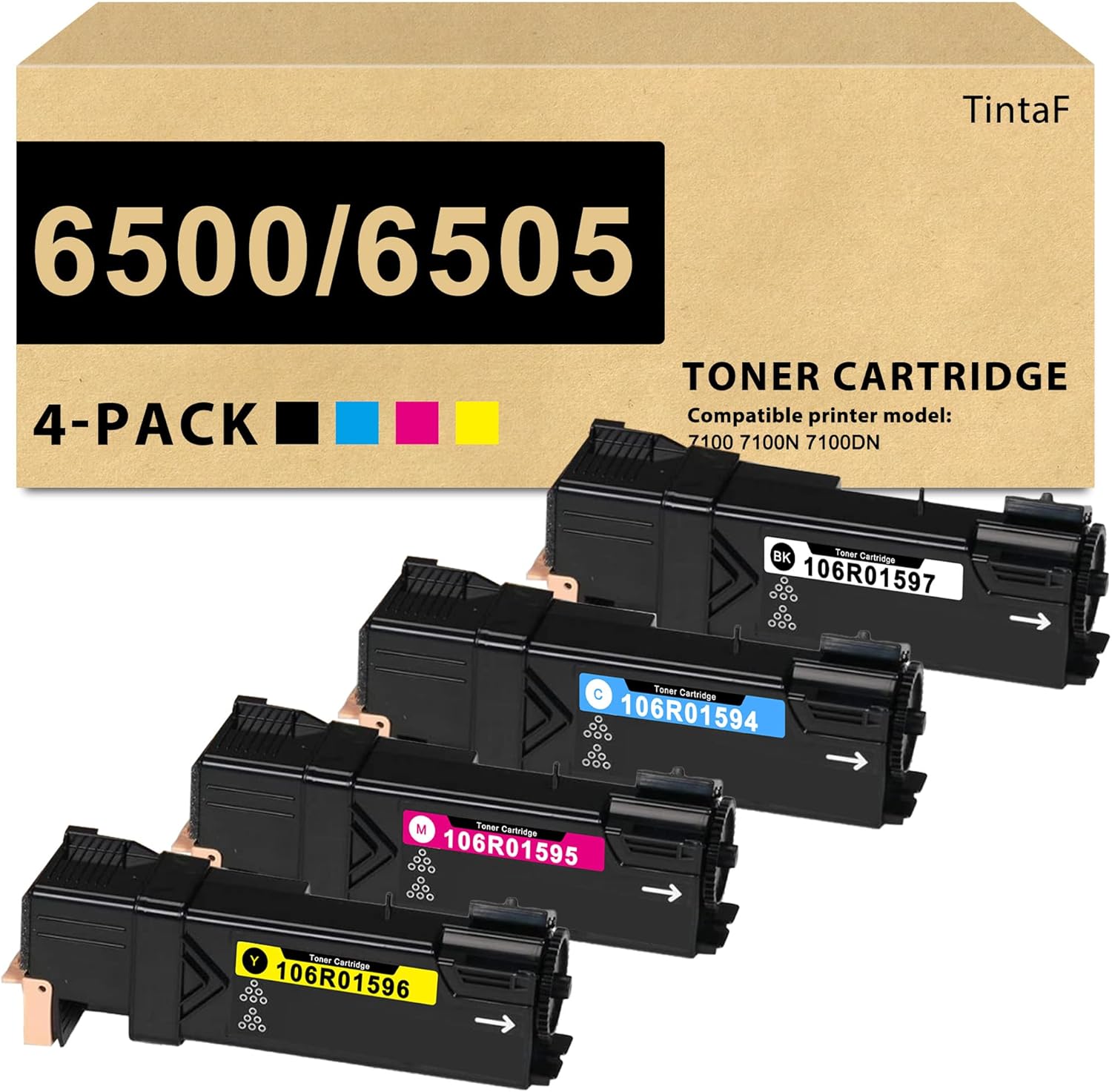 Phaser 6500 WorkCentre 6505 Toner Cartridge Replacement for Xerox 106R01597 106R01594 106R01595 106R01596 Toner Work with Phaser 6500 6500N 6500DN WorkCentre 6505 Printer (4-Pack, BK/C/M/Y)