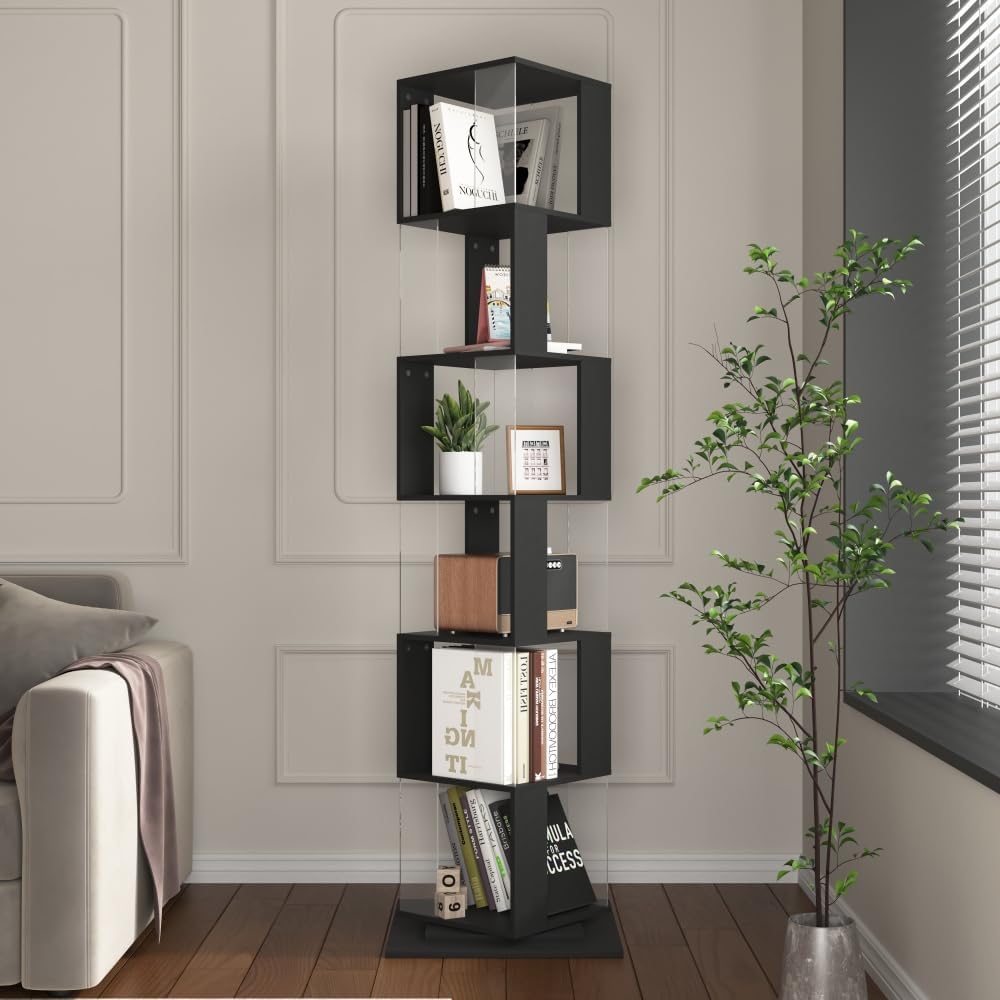 JovyTide 5 Tier Rotating Bookshelf, Floor Rack Simple Bookcase with Acrylic Plate Student Multi-Function Creative Bookshelf for Living Room with Anti-toppling Base (Black)