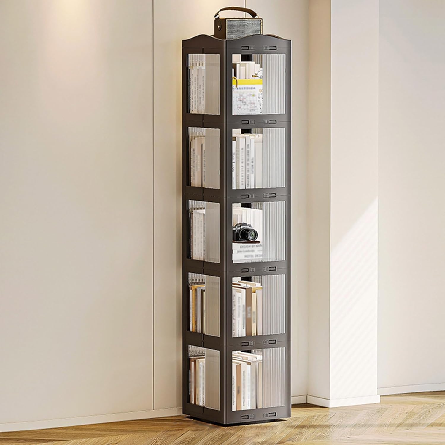 EFGETD Floor Standing Rotating Bookshelf Foldable, Book Shelf Tall ABS Bookcase Book Storage Rack for CDs/Movies/Books/Collections Book Organizer Shelves for Home Office(Black,5th Floor)