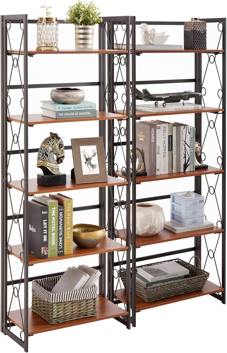 VECELO Folding Bookshelf,5 Tier Bookcase Foldable Easy Assembly, Industrial Book Shelf Storage Organizer with X Metal Frame and Anti-Toppling Design,