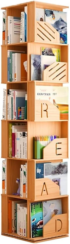Bookcases Rotating Bookcase 360° Book Storage Shelf Picture Book Shelf Living Room 4/5/6 Levels Shelves (Color : Wood, Size : 43 * 40 * 196cm)