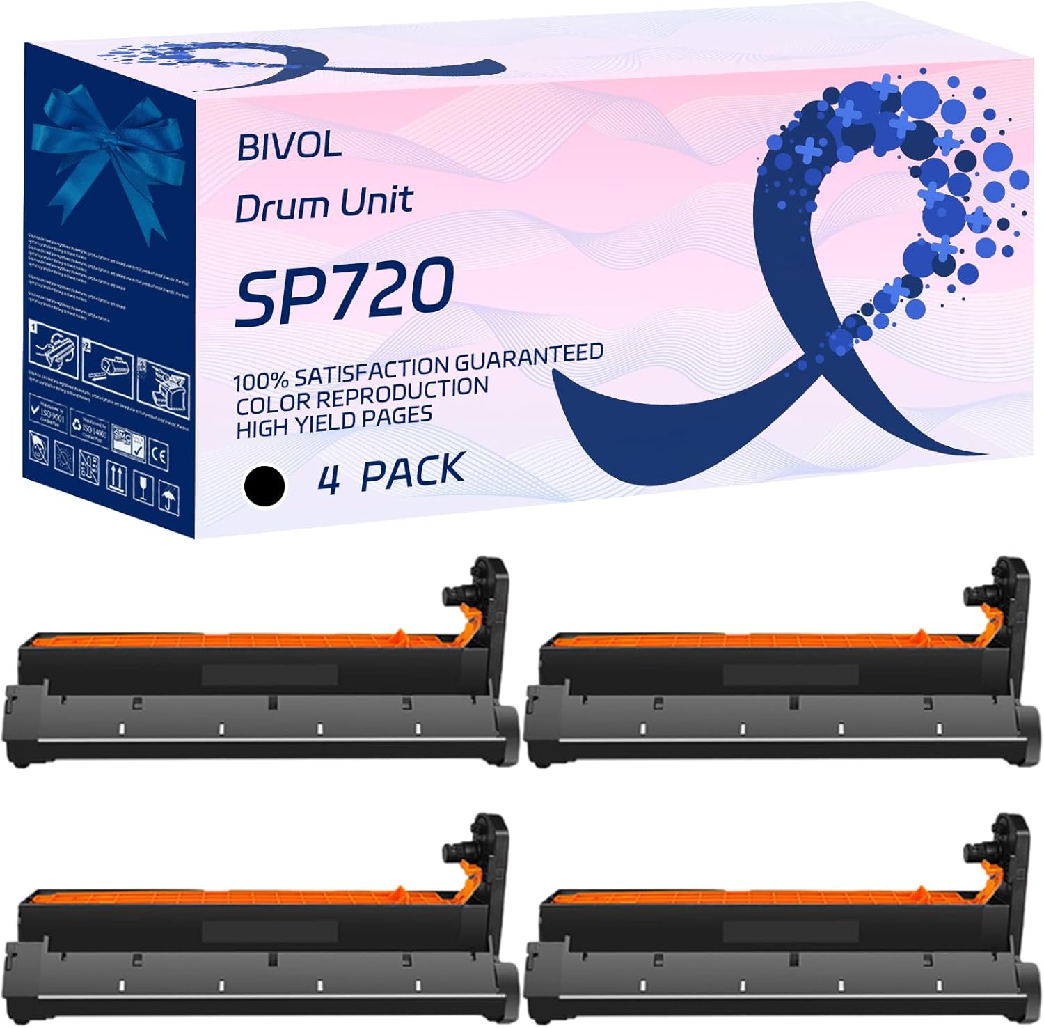 BIVOL SP720 Drum Unit Compatible for Okidata OKI Aficio SP C710 C711 C720 C721dn Printers, with Chip, High Yield 30000 Pages, Vivid Colors (4 Pack Black)