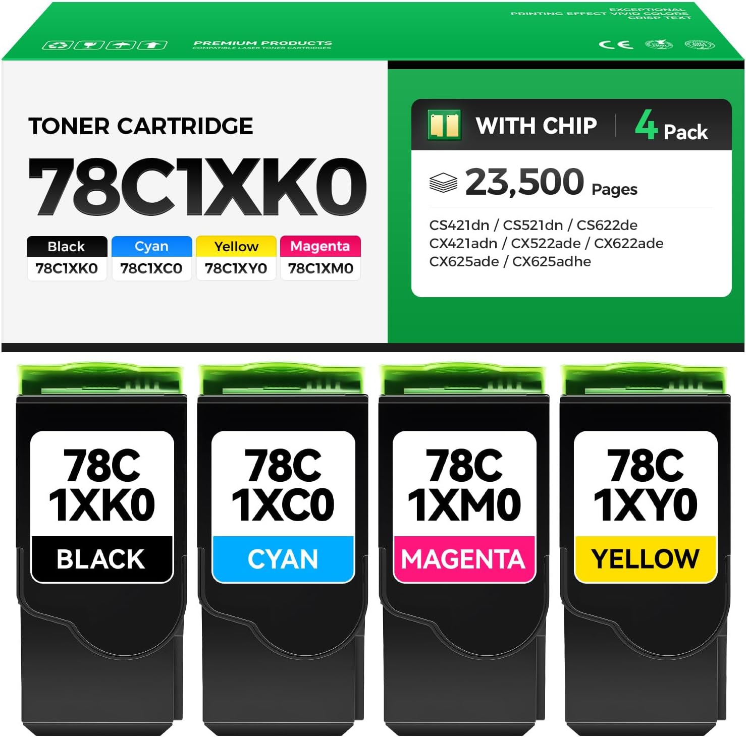 78C1XK0 78C1XC0 78C1XM0 78C1XY0 Toner Cartridge Set 4-Pack High Yield Replacement Compatible with Lexmark CS421dn CS521dn CS622de CX421adn CX522ade CX622ade CX625ade CX625adhe Laser Printer Ink Black