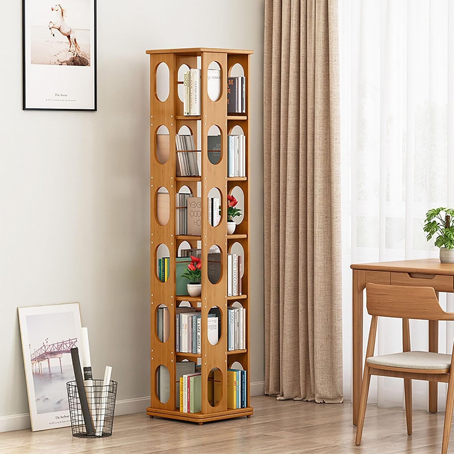 Bamboo Rotating Bookshelf 360° Revolving Bookcase Corner Versatile Kids Bookcase With Small Footprint Floor Standing Bookcase Space Saving Display Cabinet For Office Home Living Room(37x37x176.5cm/14.