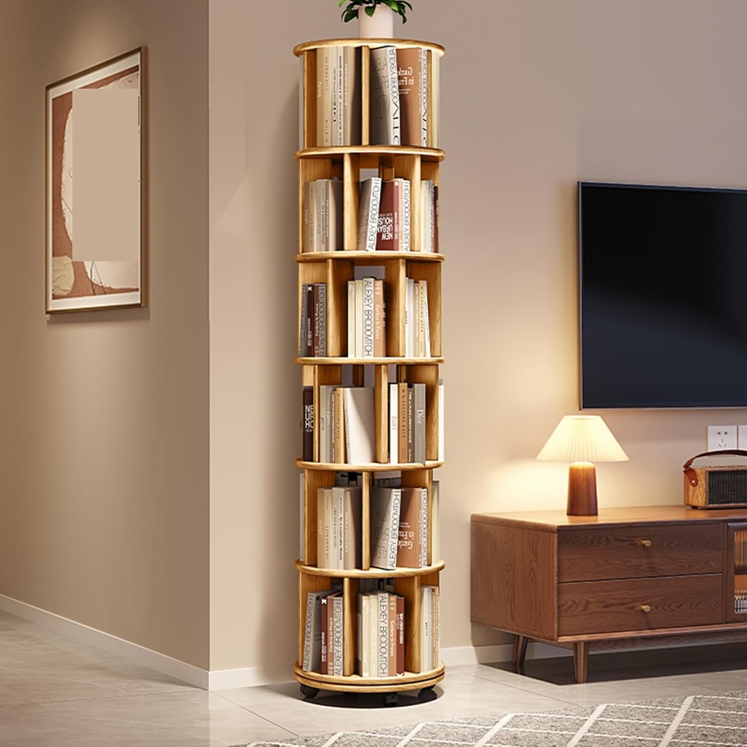 YVYKFZD Rotating Bookshelf, 360° Revolving Bookcase Tower, Rolling Display Storage Rack with Wheels, Solid Wood Corner Book Shelf Organizer, for Small Space, Kids Adults(Wood,6 Tier 15.7
