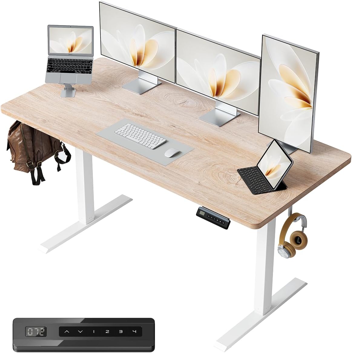 FEZIBO One-Piece Standing Desk Adjustable Height Stand up Home Office Desk, 55x24 Inch Electric Standing Computer Desk, with 4 Memory Presets, Headphone Hook, Maple