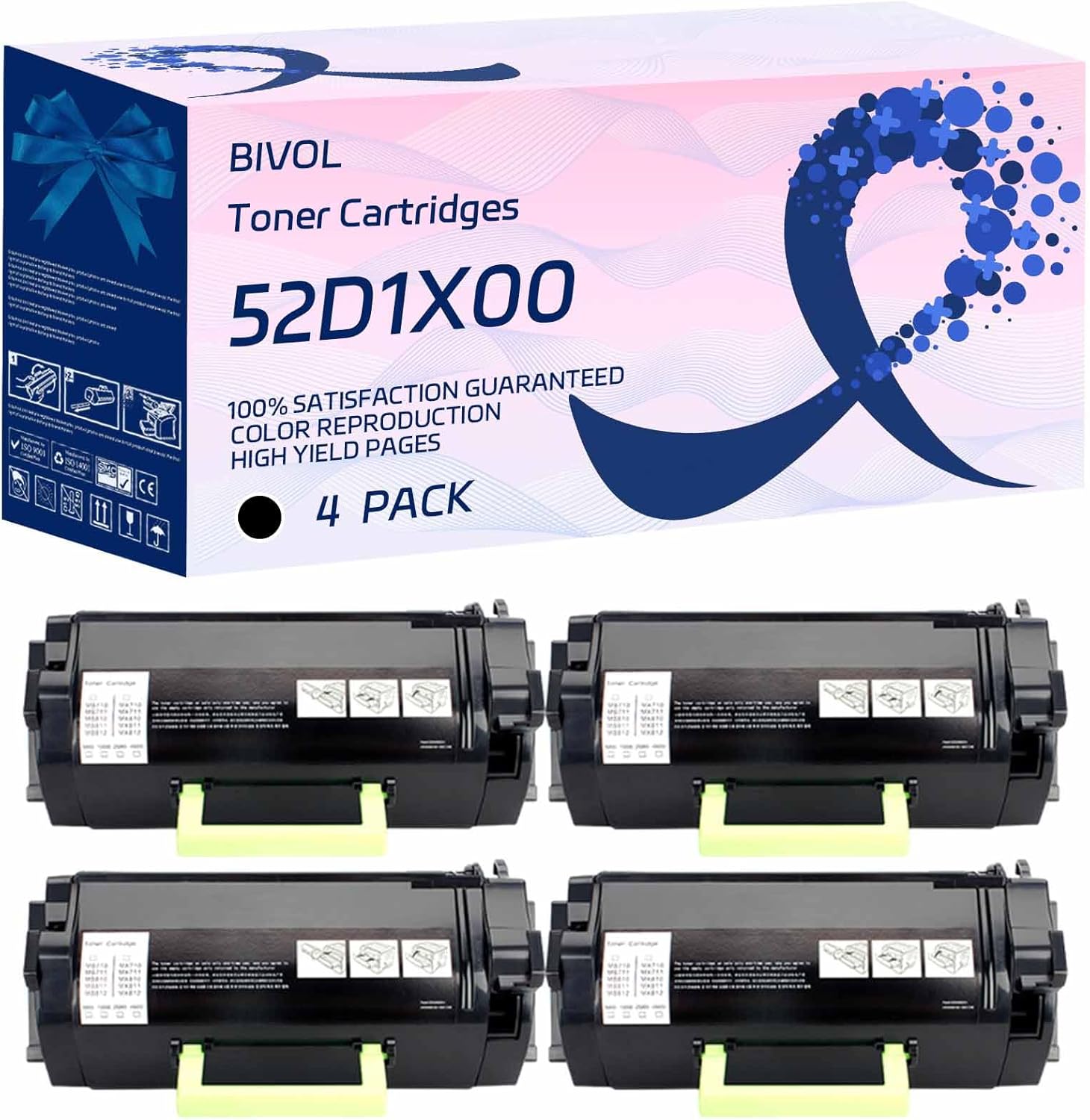 BIVOL 52D1X00 Toner Cartridges Compatible for Lexmark MS711dn MS811dn MS811dtn MS811n MS812de MS812dn MS812dtn Printers, High Yield 46000 Pages (4 Pack Black)