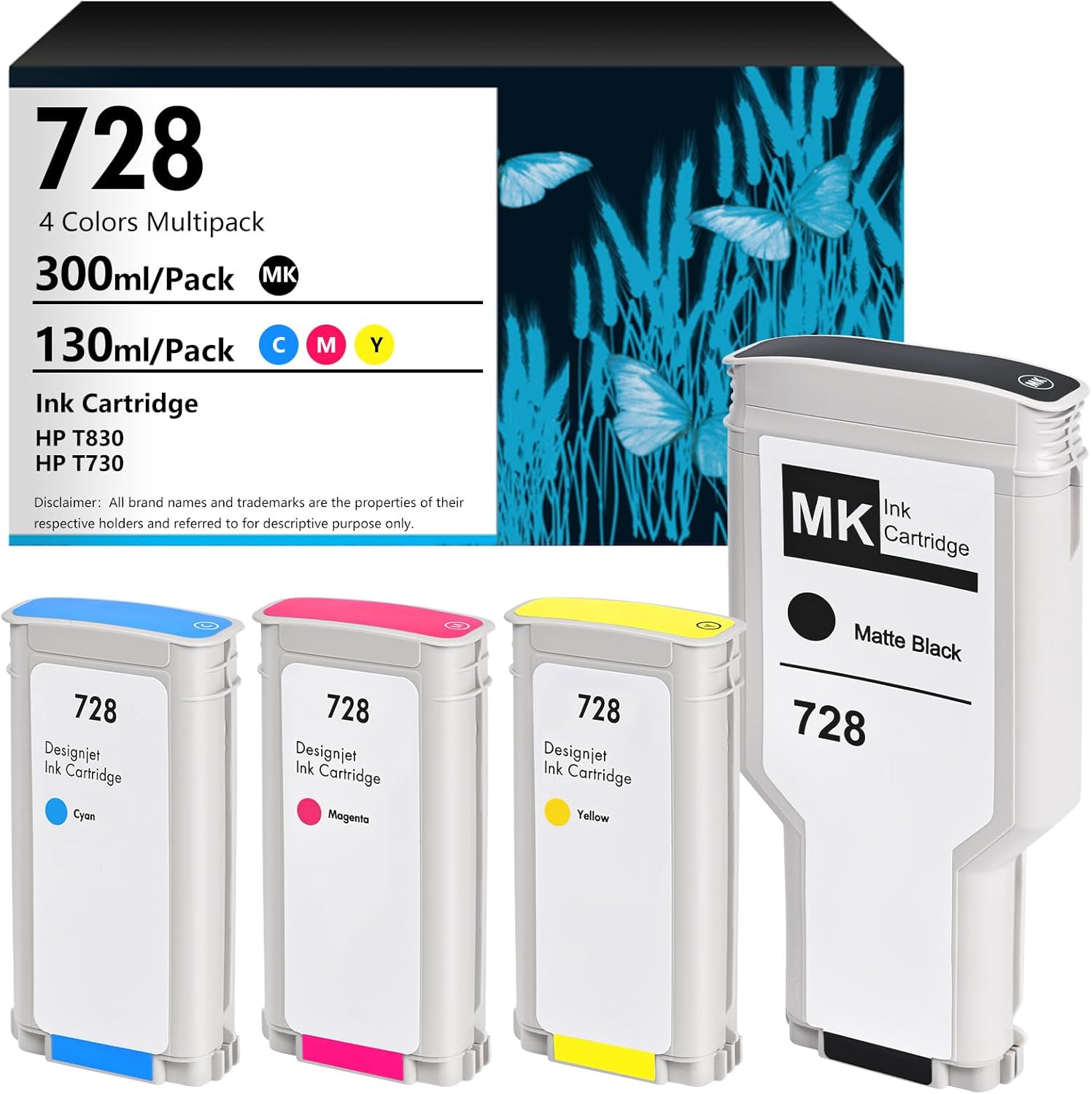 728 Ink Cartridges Compatible for HP DesignJet T830/ DesignJet 730 Large Format Plotter Printer Replacement for HP 728 IF9J68A F9J67A F9J66A F9J65A Ink Cartridge (4-Pack, 300-ml MB, 130-ml C/M/Y)