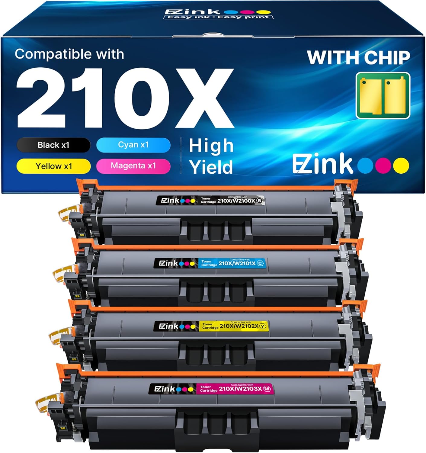 E-Z Ink 210X Toner Cartridges with Chip Compatible for HP 210X Toner Cartridges 4 Pack High Yield 210 X W2100X W2100A to Use with Color Laser Pro MFP 4301fdw 4301fdn 4301dw Pro 4201dn 4201dw (BCYM)