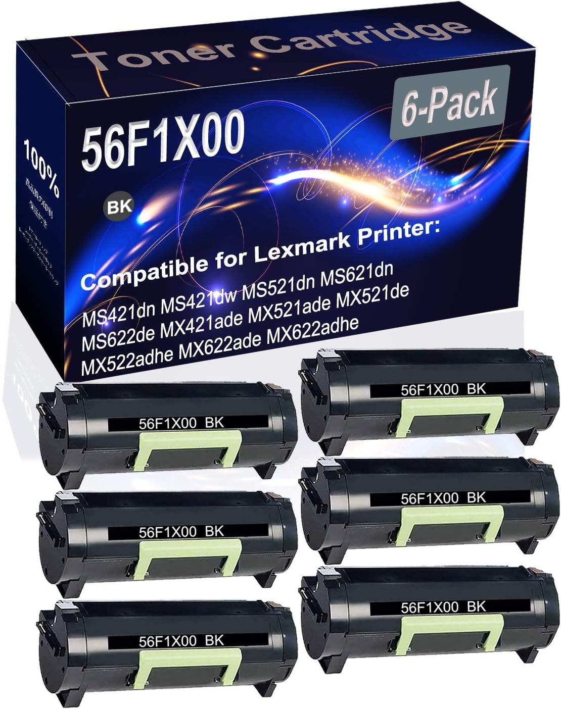 Kolasels 6-Pack (Black) Compatible High Yield 56F1X00 Printer Cartridge use for MS421dn MS421dw MS521dn MS621dn MS622de MX421ade MX521ade Printer