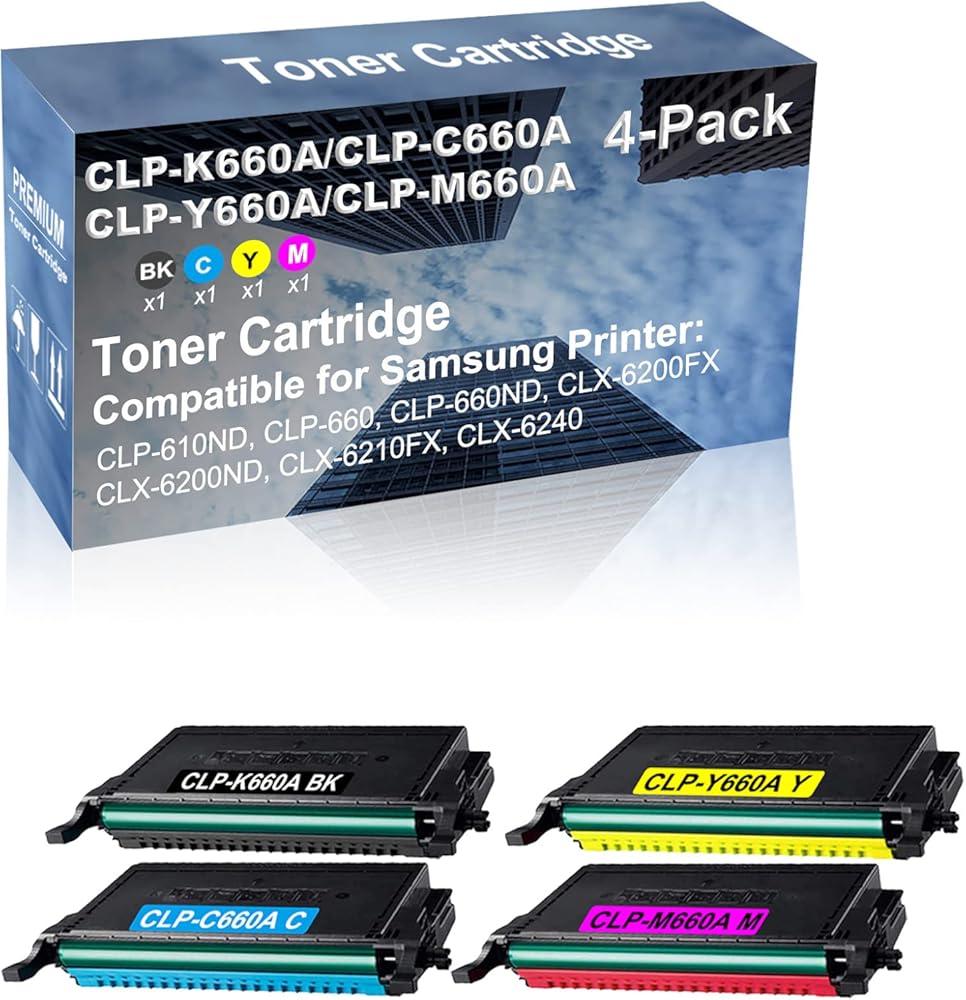 4-Pack (BK+C+Y+M) Compatible High Capacity CLP-K660A+ CLP-C660A+ CLP-Y660A+ CLP-M660A Toner Cartridge Used for CLP-610ND, CLP-660 Printer
