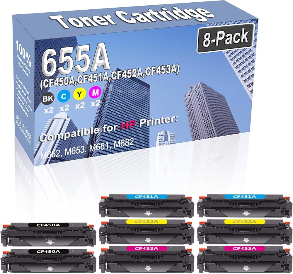 8-Pack (2BK/2C/2Y/2M) Compatible High Yield 655A (CF450A CF451A CF452A CF453A) Imaging Toner Cartridge Replacement for HP M652 M653 M681 M682 Printer