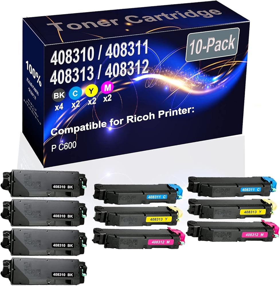 Kolasels 10-Pack (4BK+2C+2Y+2M) Compatible P C600 Laser Printer Toner Cartridge (High Capacity) Replacement for Ricoh 408310 408311 408313 408312 Printer Toner Cartridge