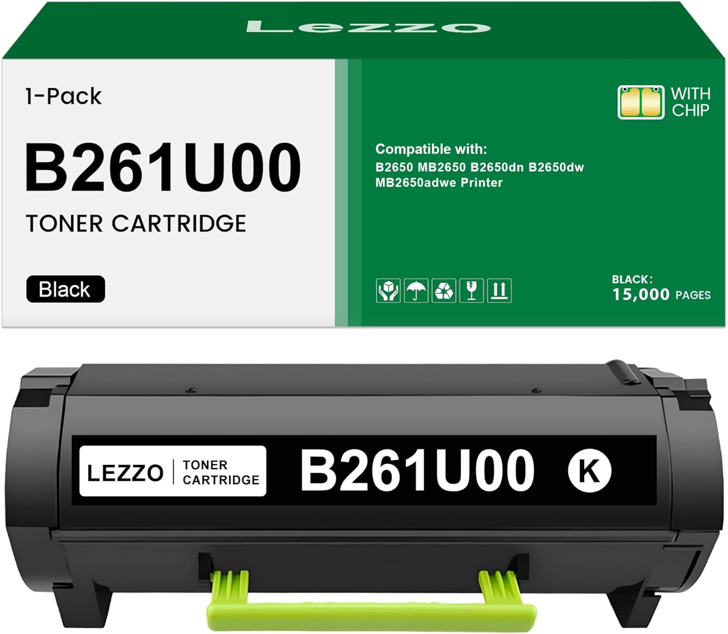 Lezzo B261U00 Ultra High Yield Toner Cartridge 1-Pack Remanufactured B261U00 Black Toner Replacement for Lexmark B261U00 Toner for B2650 MB2650 B2650dn B2650dw MB2650adwe Printer 15,000 Pages