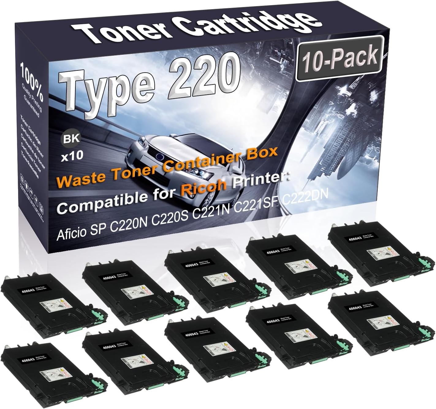 Kolasels 10-Pack (Black) Compatible Aficio SP C220N C220S C221N C221SF C222DN Waste Toner Container Box (High Capacity) Replacement for Ricoh 406043 Type 220 Laser Printer Cartridge