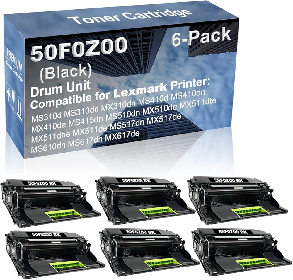 6-Pack (Black) Compatible MS415dn MS510dn MX510de MX511dte MX511dhe MX511de Printer Drum Unit Replacement for Lexmark 50F0Z00 Drum Kit