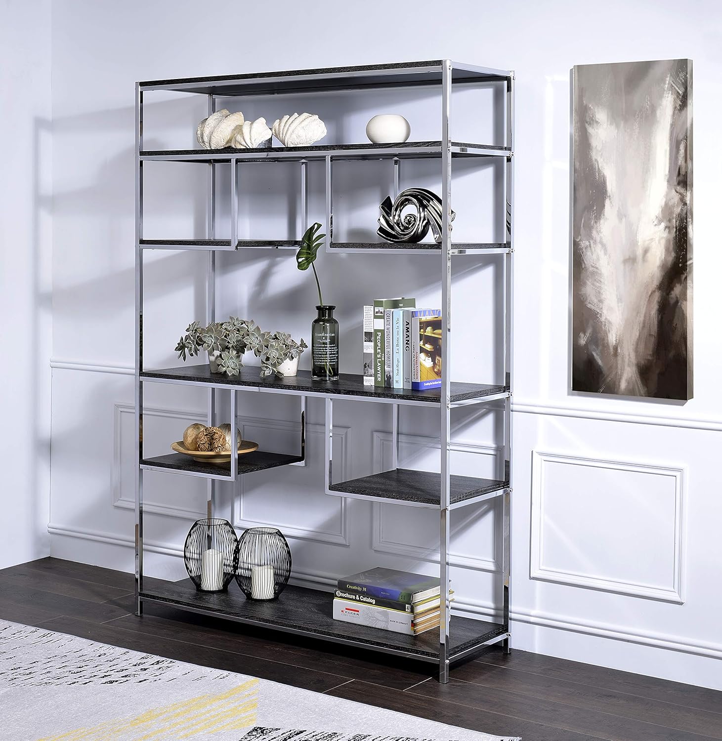 Industrial Bookcase with 7 Open Display Shelf, Modern Bookshelf Furniture for Living Room Bedroom, Chrome/Gray/Oak 49