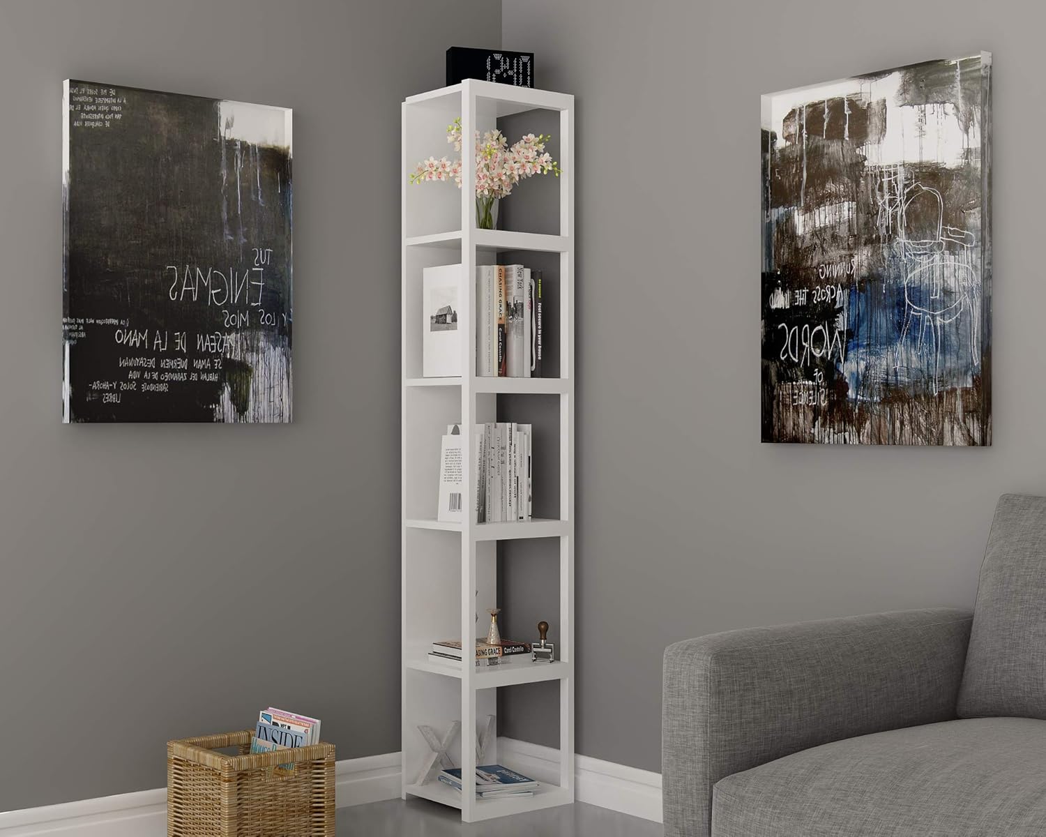 Decorotika Texas 5-Shelf Vintage Industrial Cube Bookshelf, Rustic and Metal Cubic Corner Bookcase with Fancy Color Options (White)