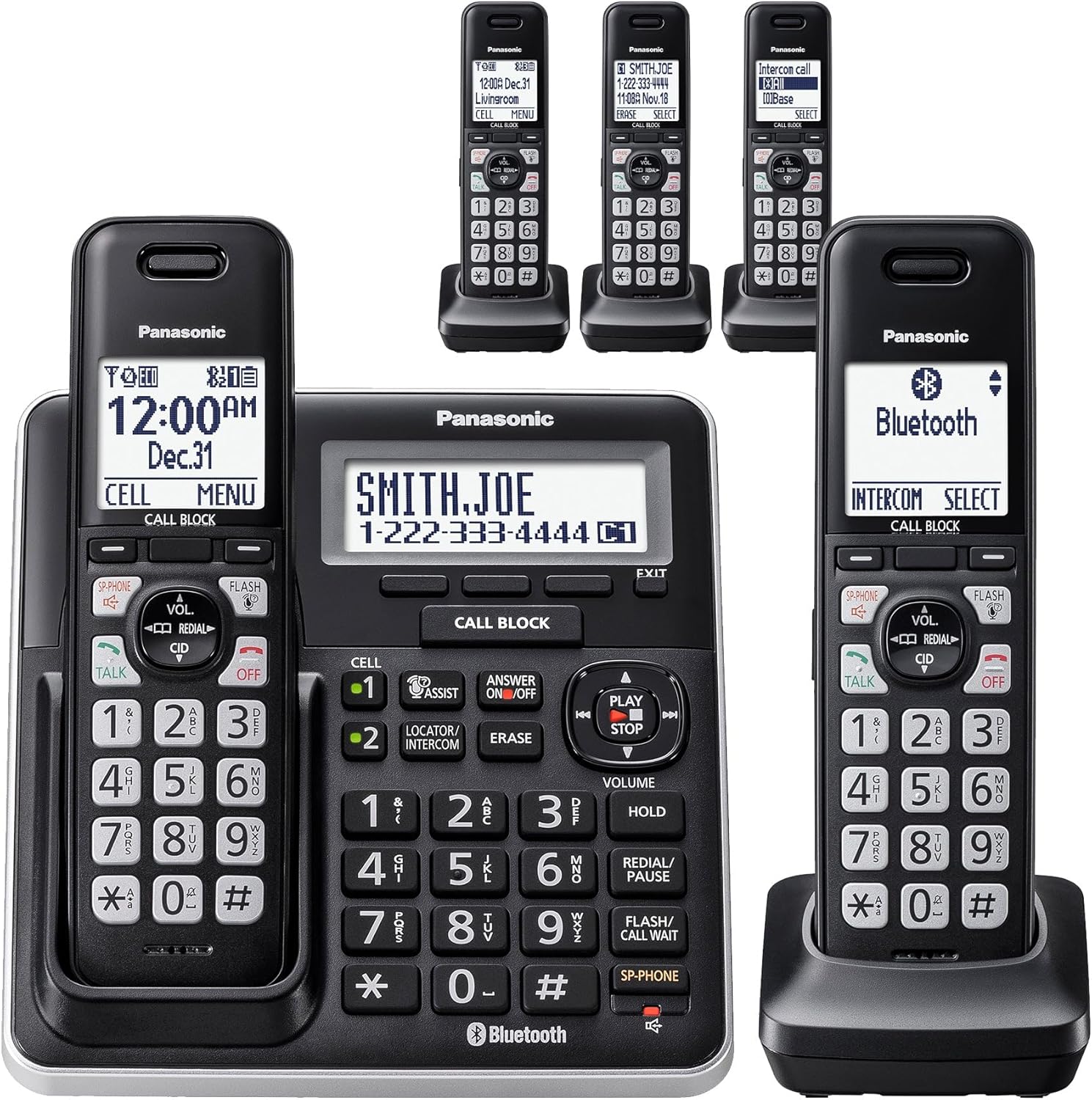 Panasonic Link2Cell DECT 6.0 Expandable Cordless Phone System with Digital Answering System - 5 Handsets - KX-TGF775S - Silver